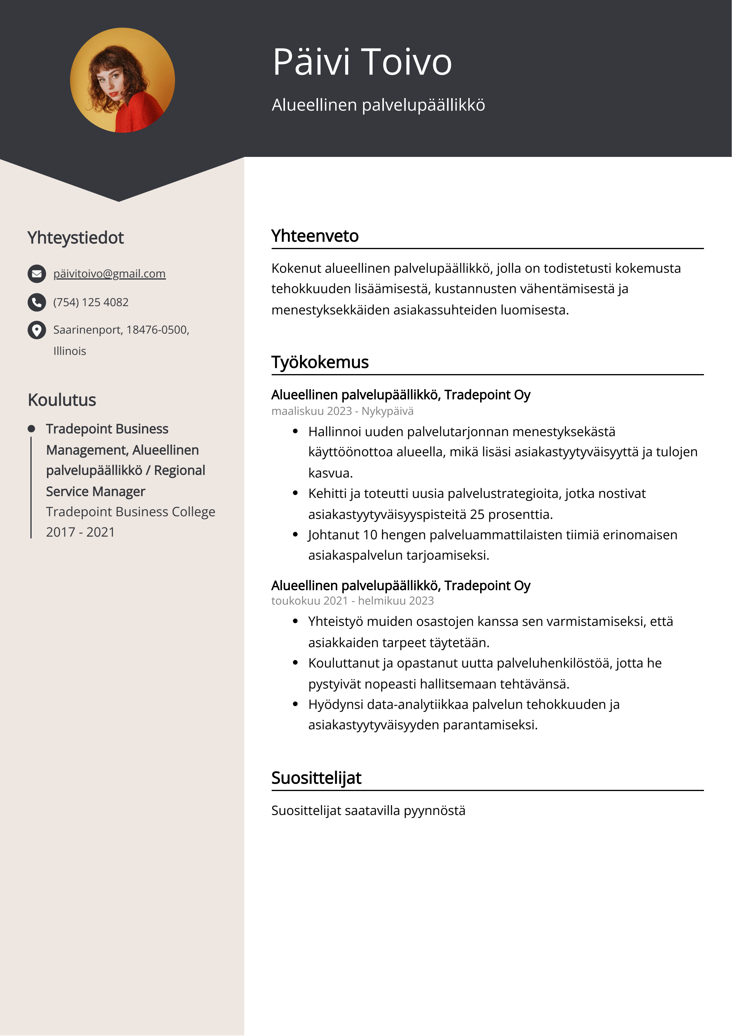 Alueellinen palvelupäällikkö Resume Example