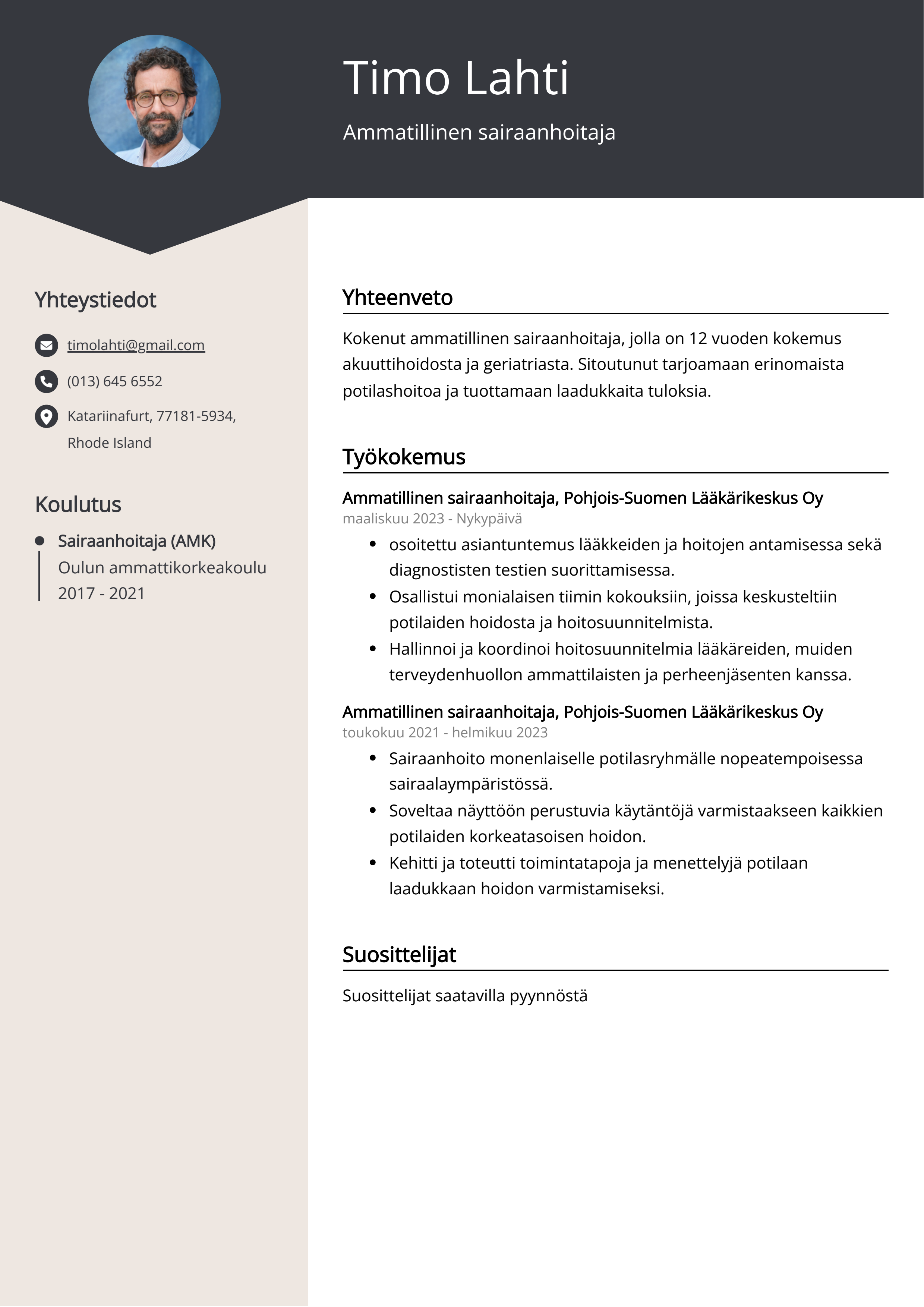 Ammatillinen sairaanhoitaja Resume Example