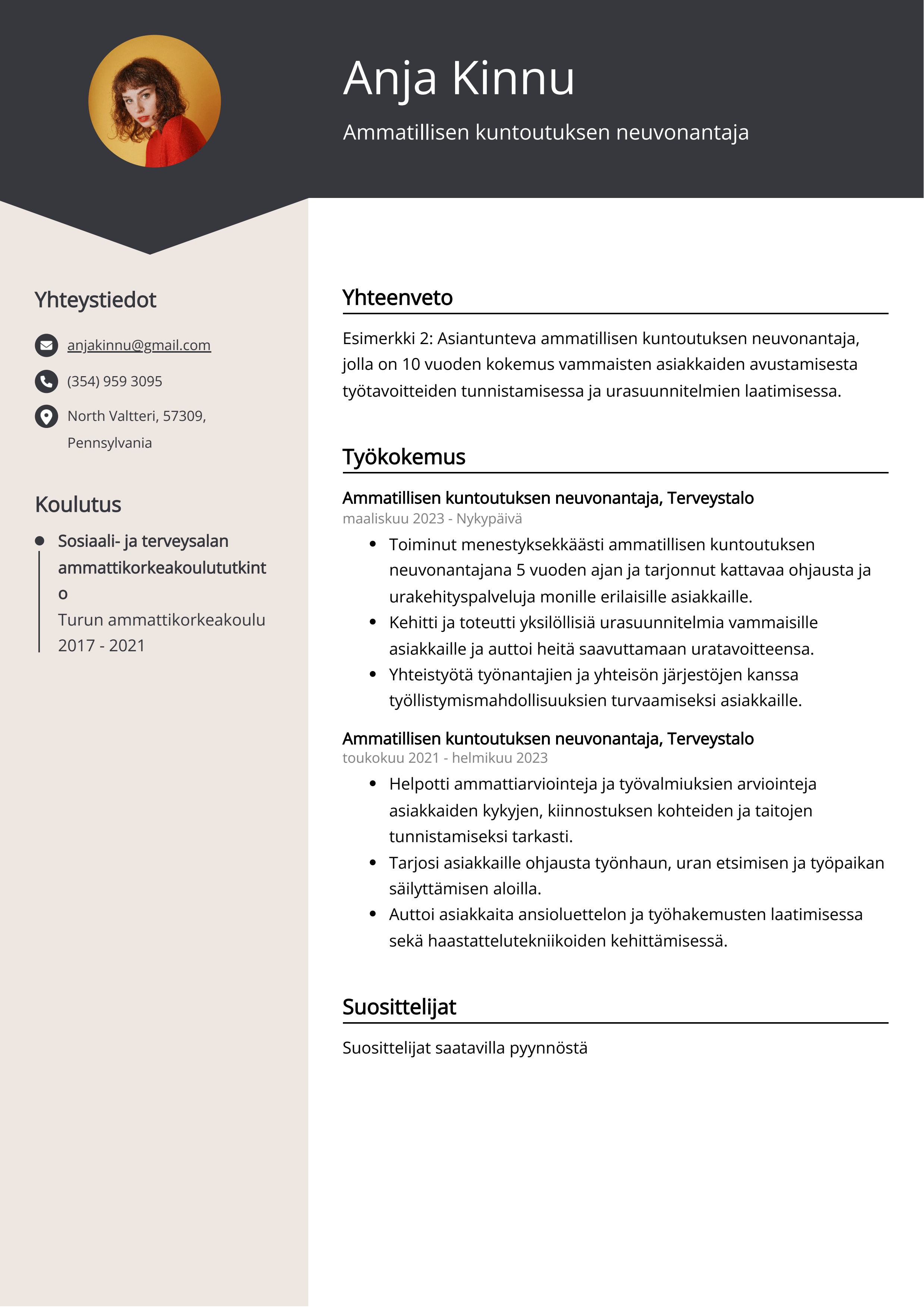 Ammatillisen kuntoutuksen neuvonantaja Resume Example