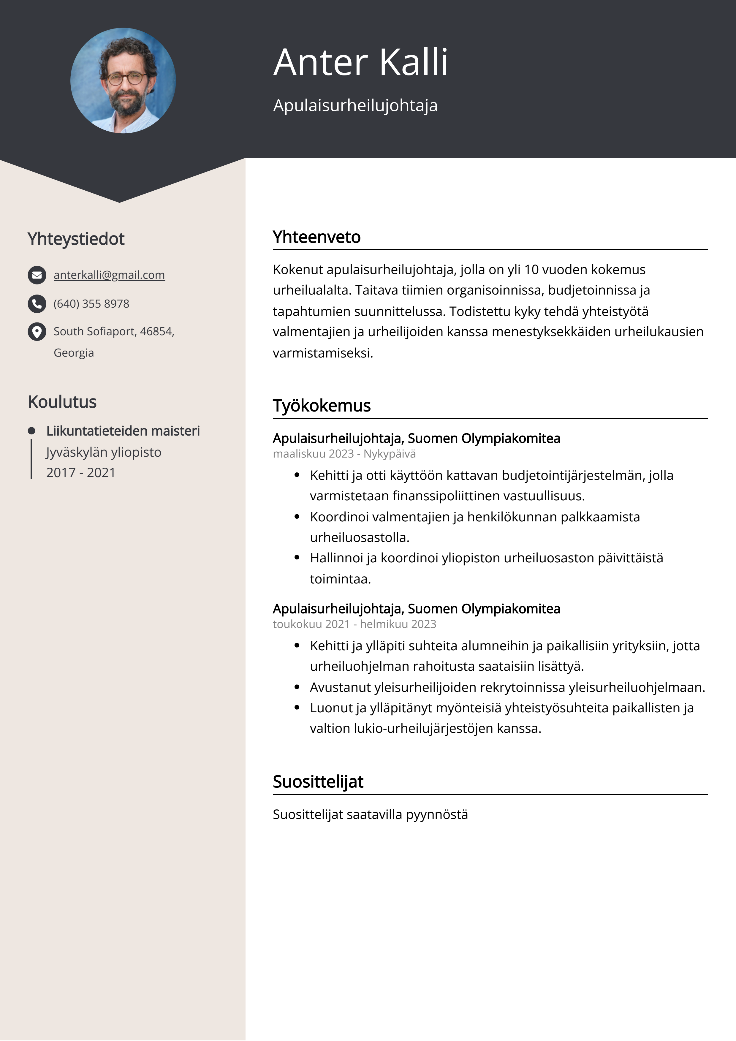 Apulaisurheilujohtaja Resume Example