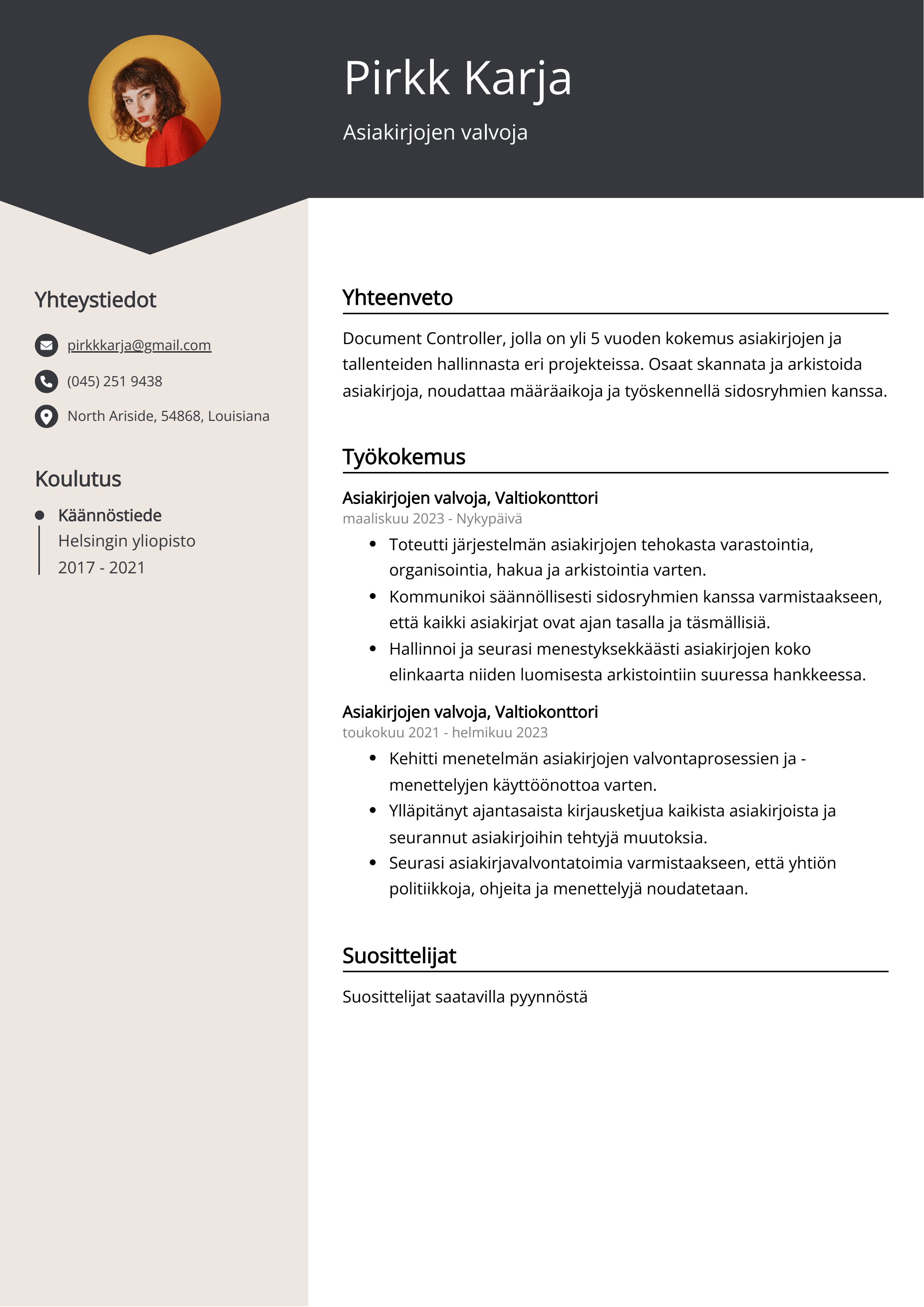 Asiakirjojen valvoja Resume Example