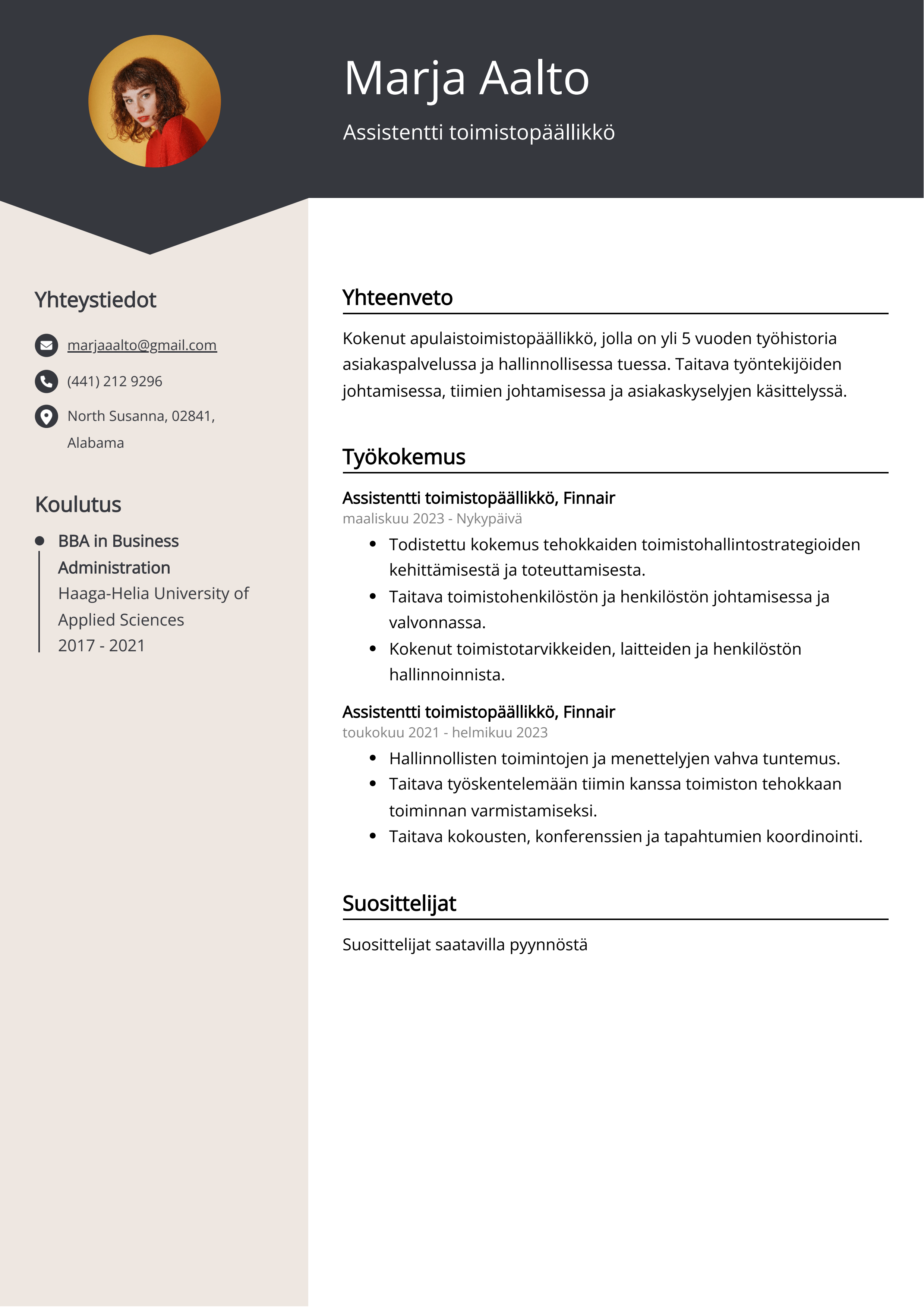 Assistentti toimistopäällikkö Resume Example