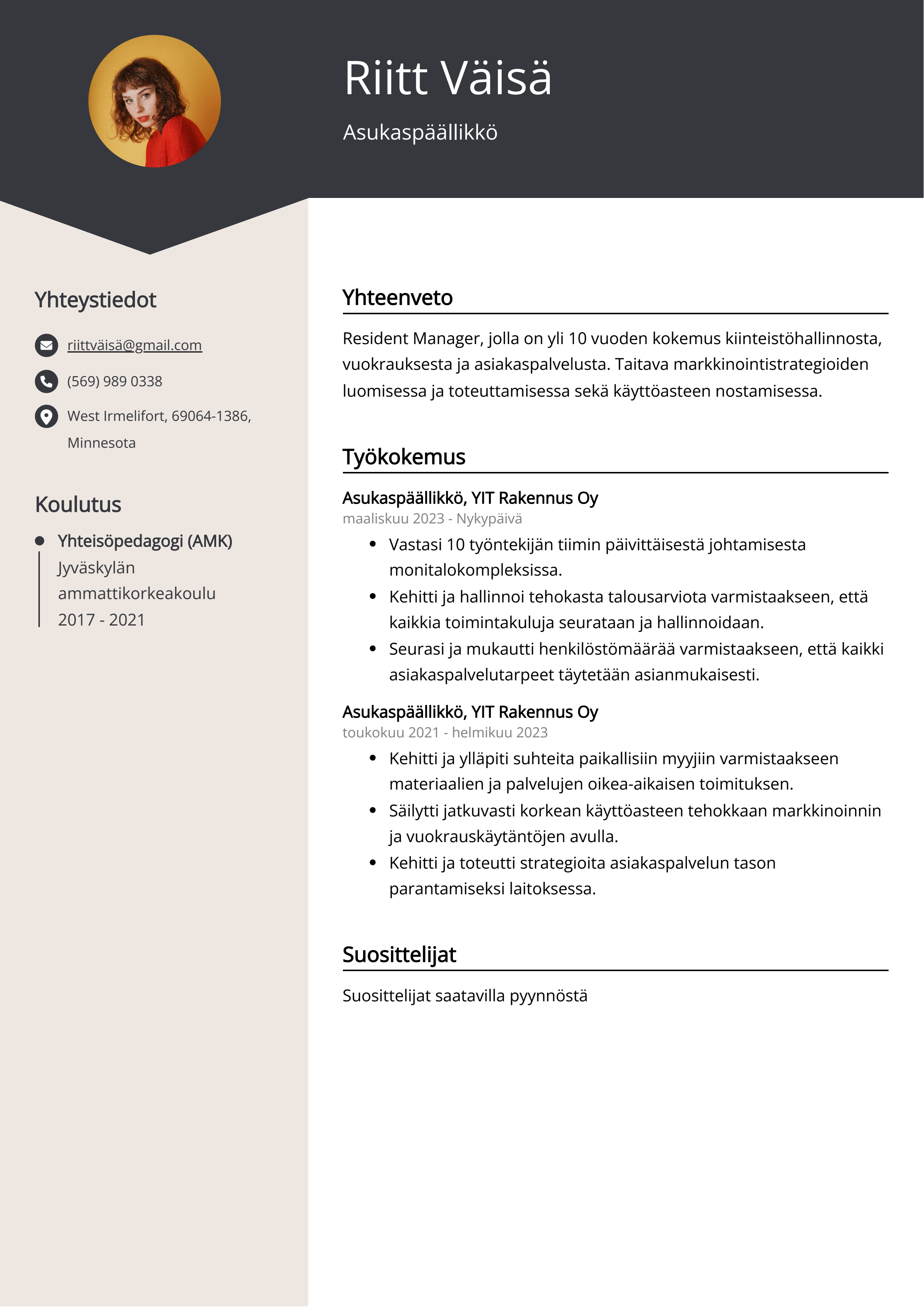 Asukaspäällikkö Resume Example