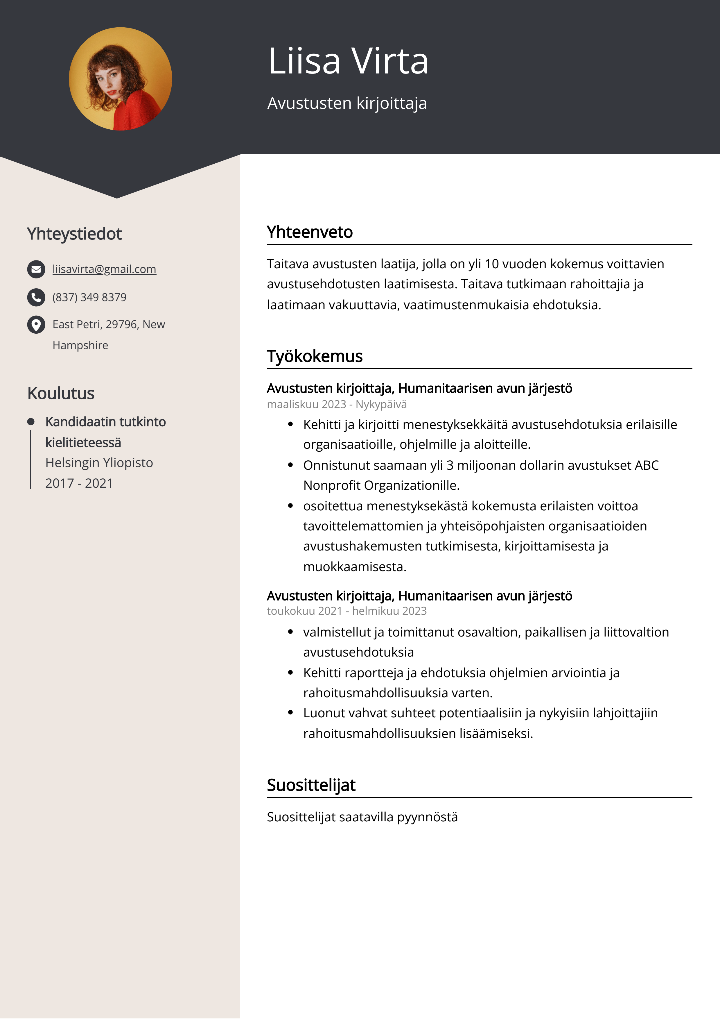 Avustusten kirjoittaja Resume Example