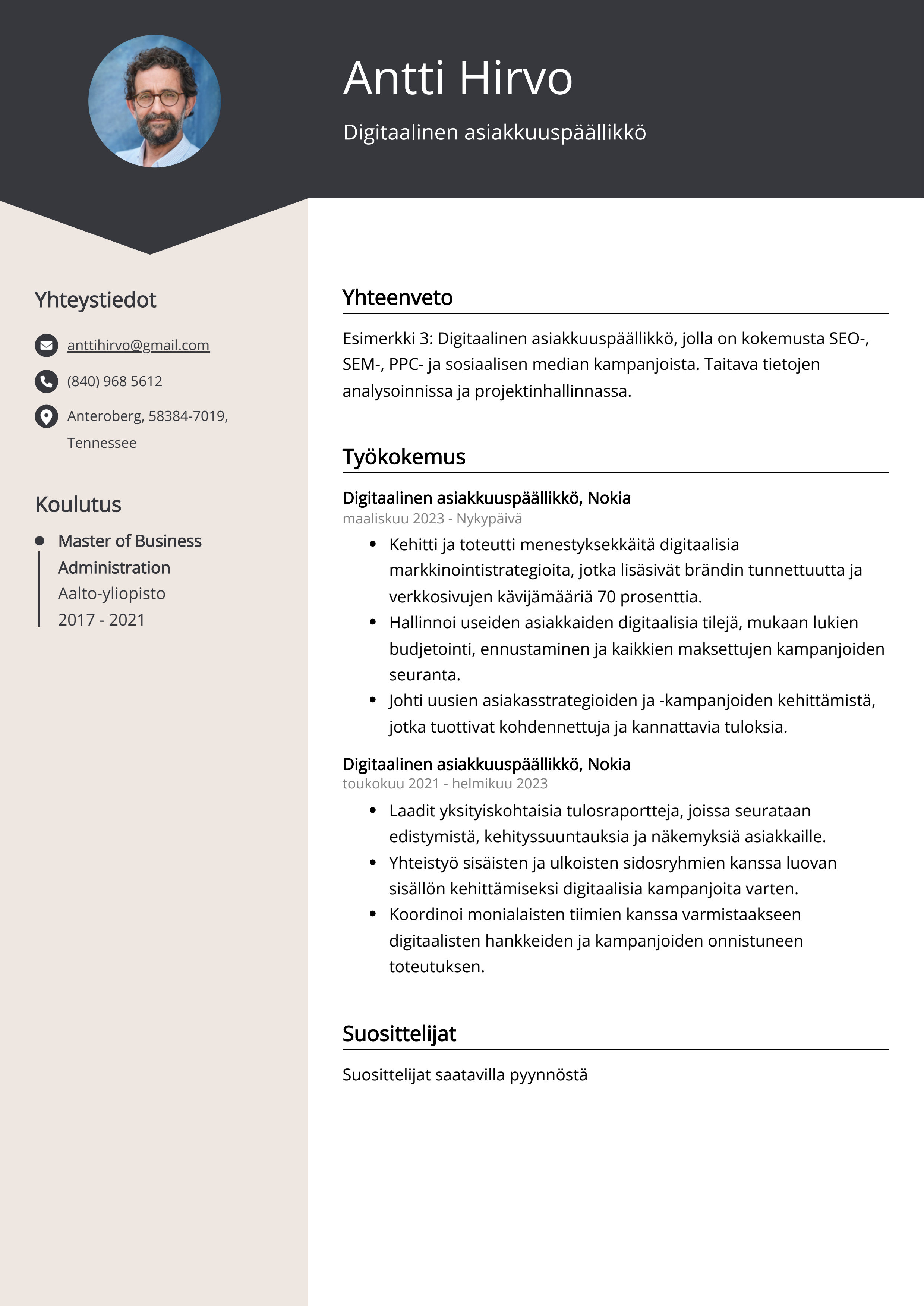 Digitaalinen asiakkuuspäällikkö Resume Example