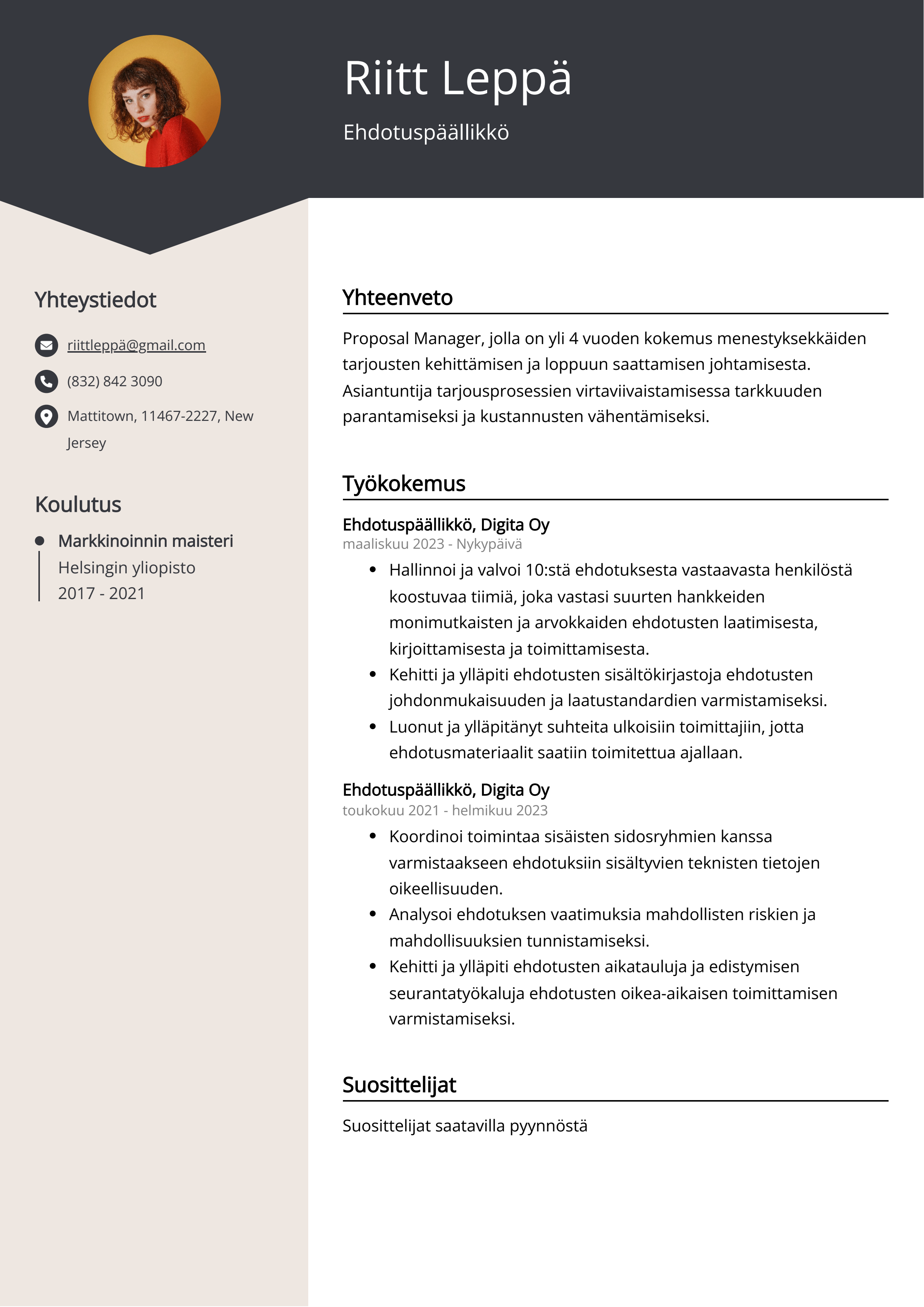 Ehdotuspäällikkö Resume Example