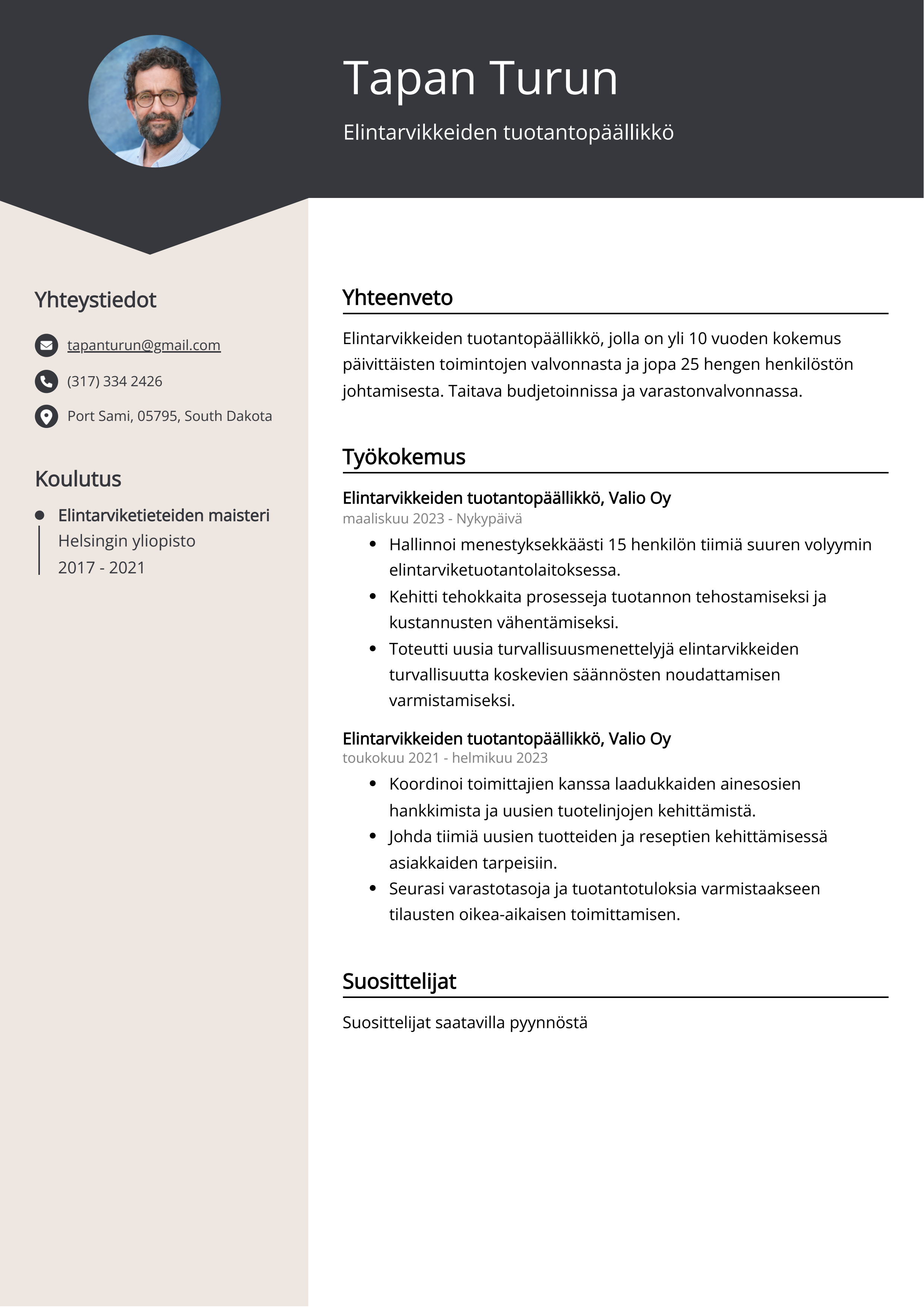 Elintarvikkeiden tuotantopäällikkö Resume Example