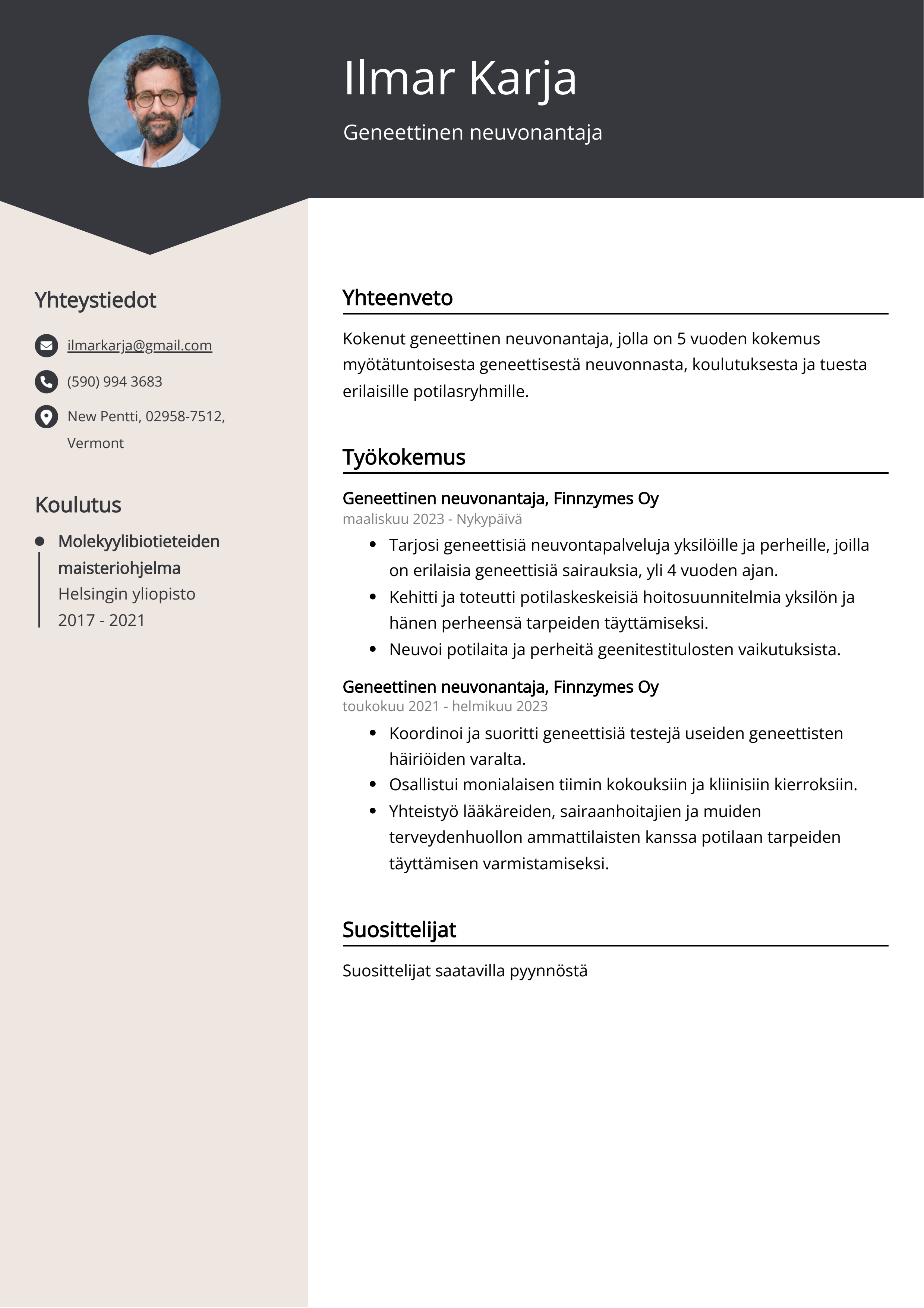 Geneettinen neuvonantaja Resume Example