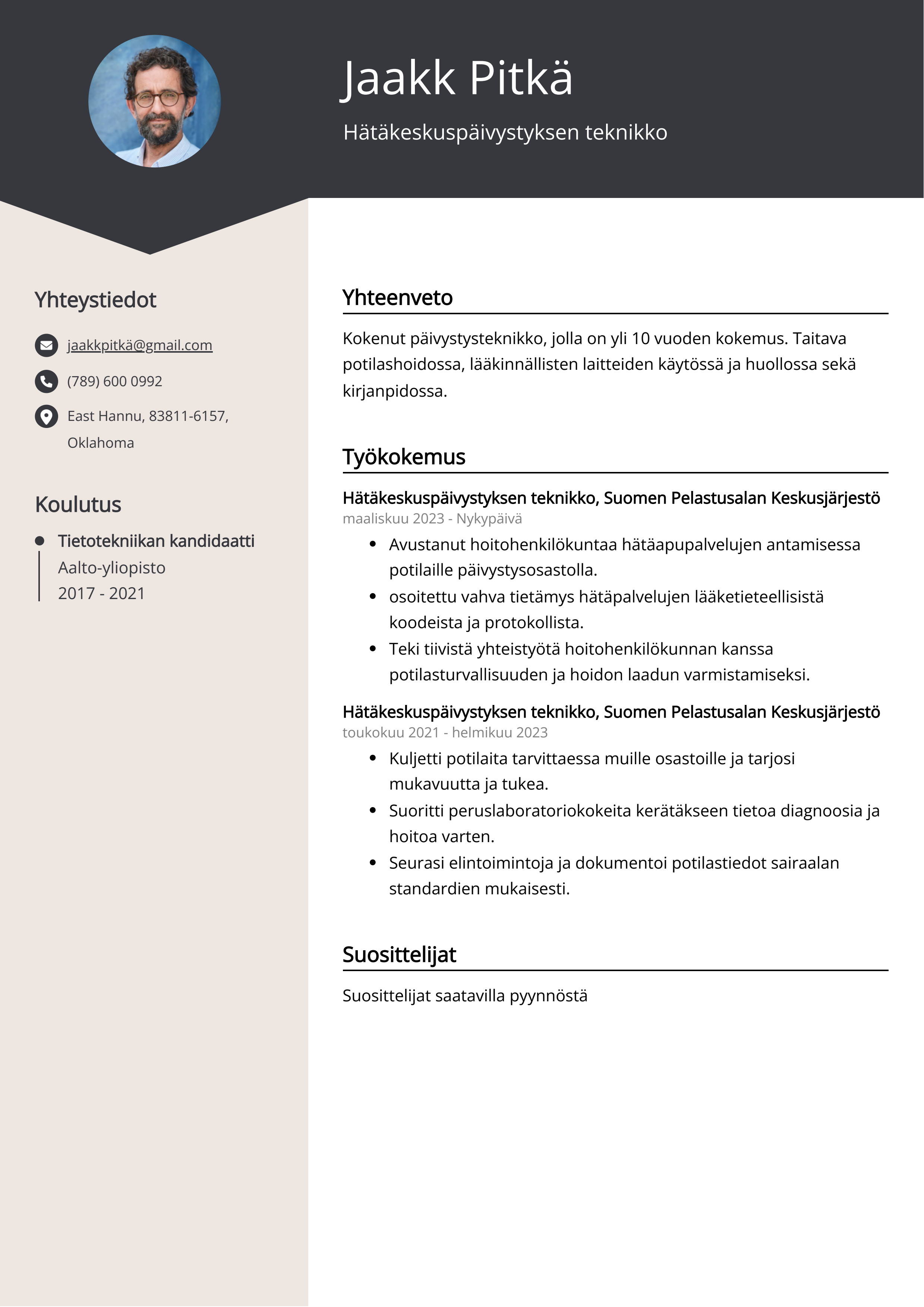 Hätäkeskuspäivystyksen teknikko Resume Example