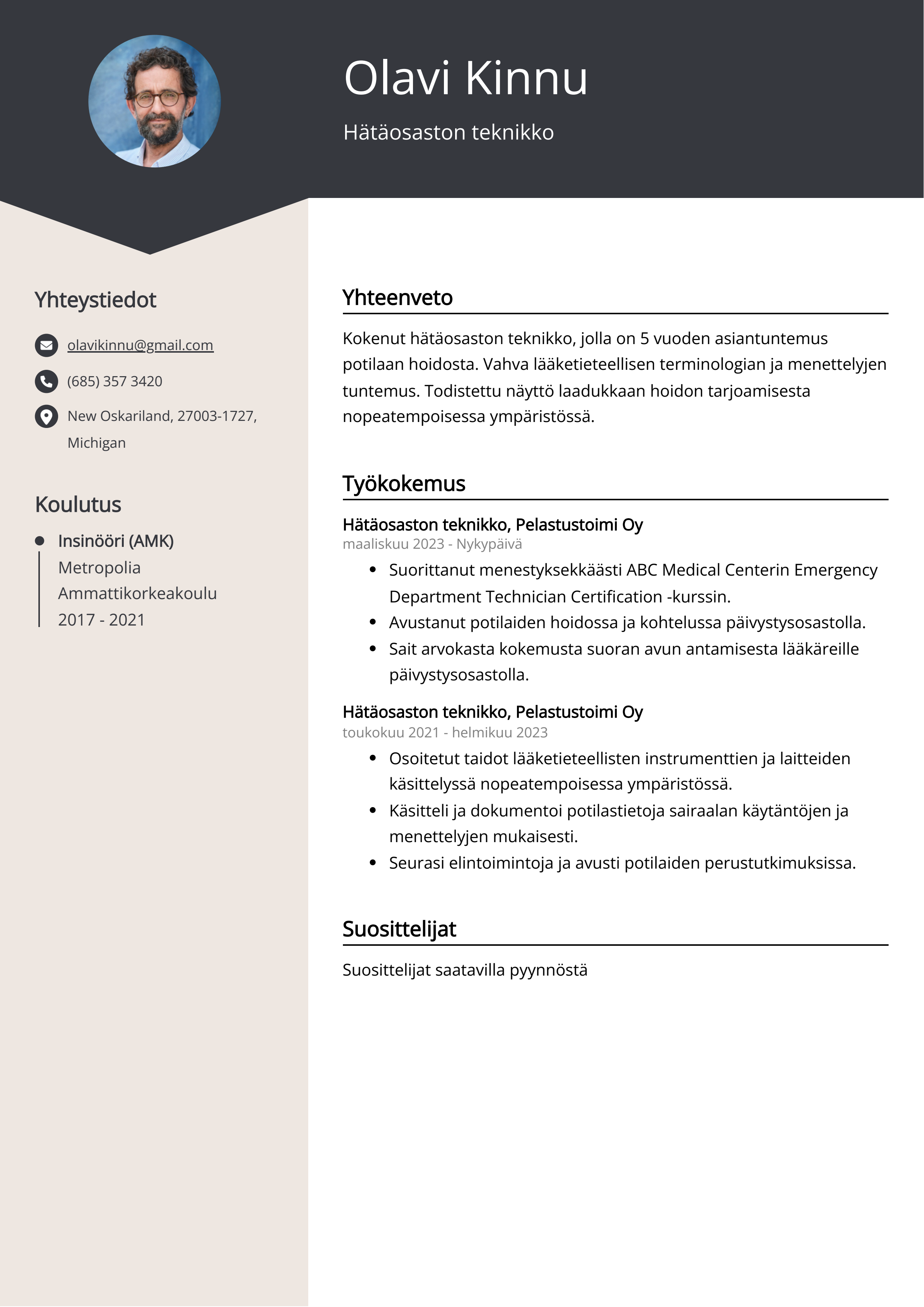 Hätäosaston teknikko Resume Example