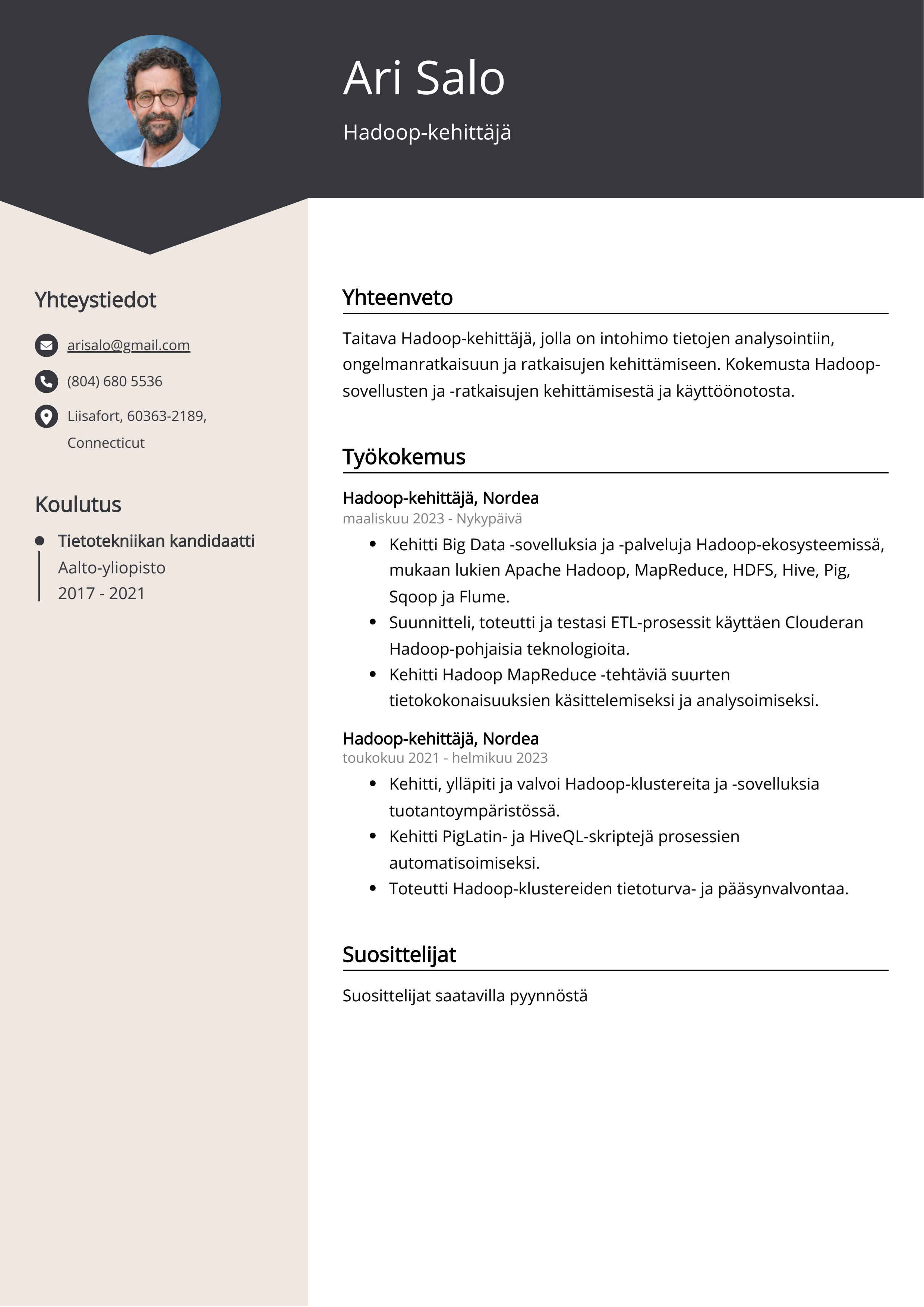 Hadoop-kehittäjä Resume Example