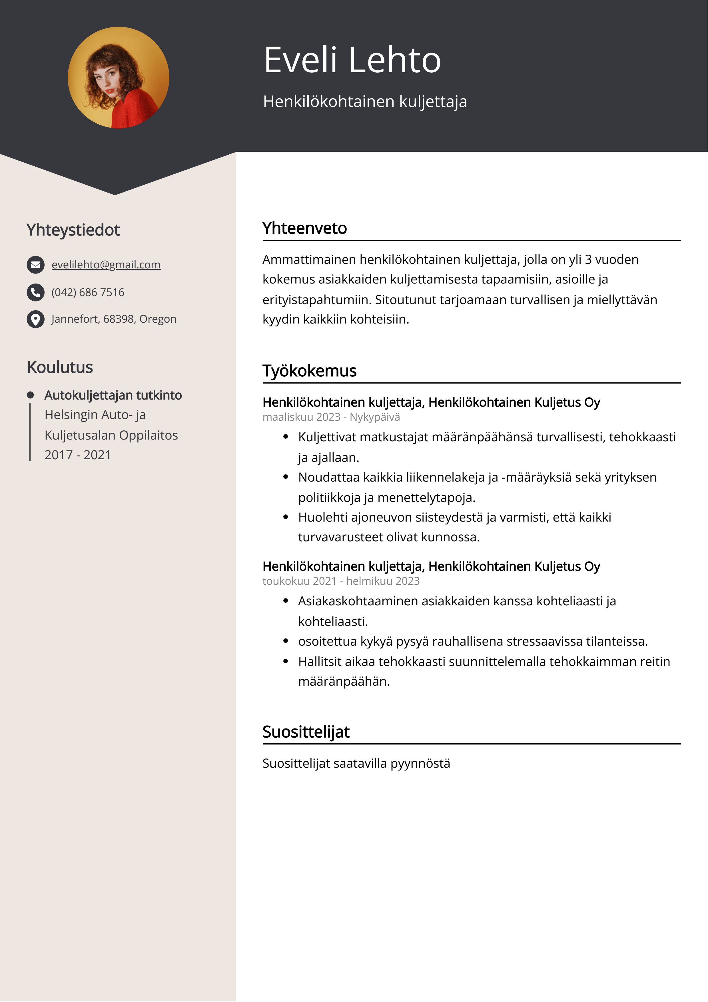 Henkilökohtainen kuljettaja Resume Example