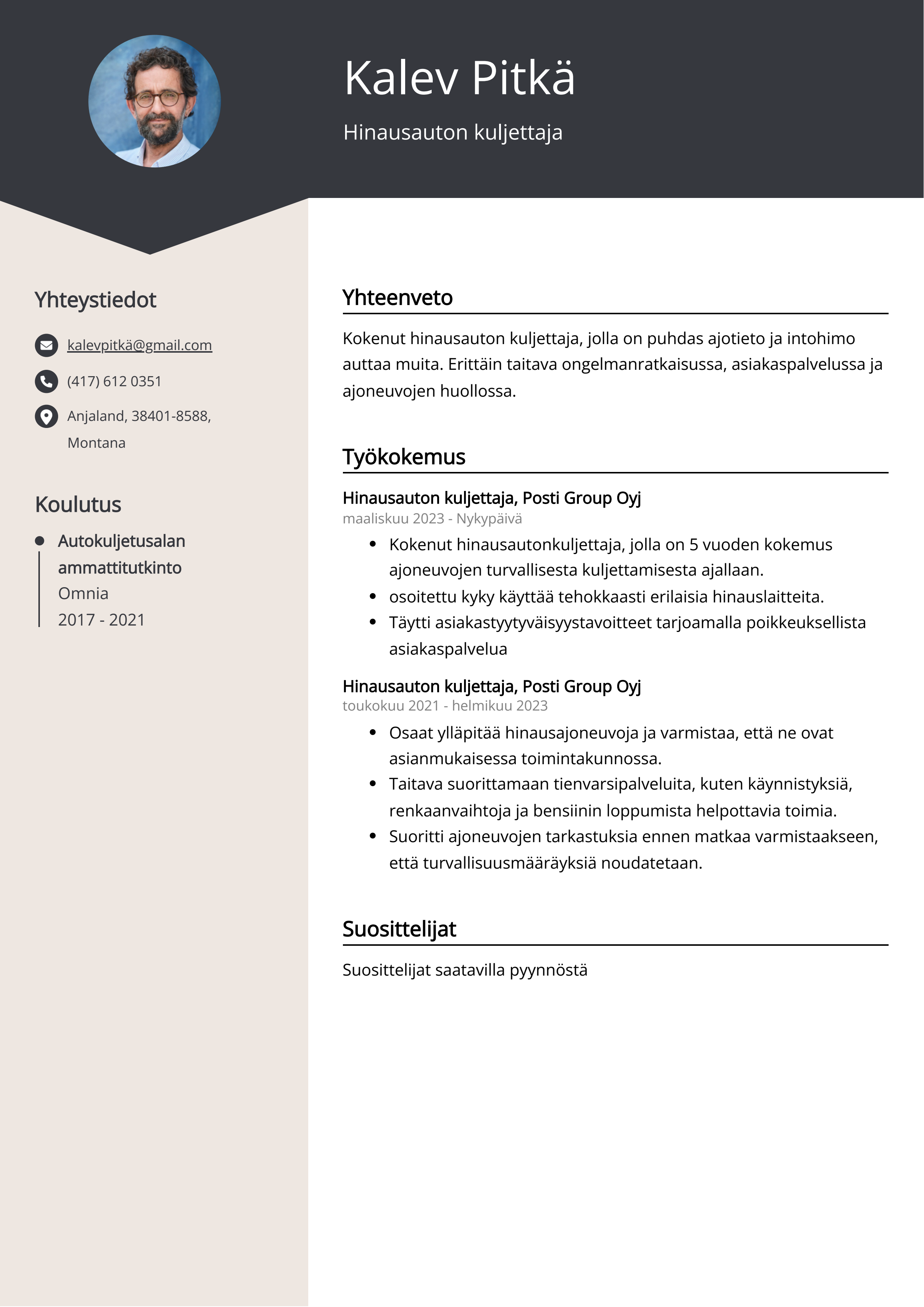 Hinausauton kuljettaja Resume Example