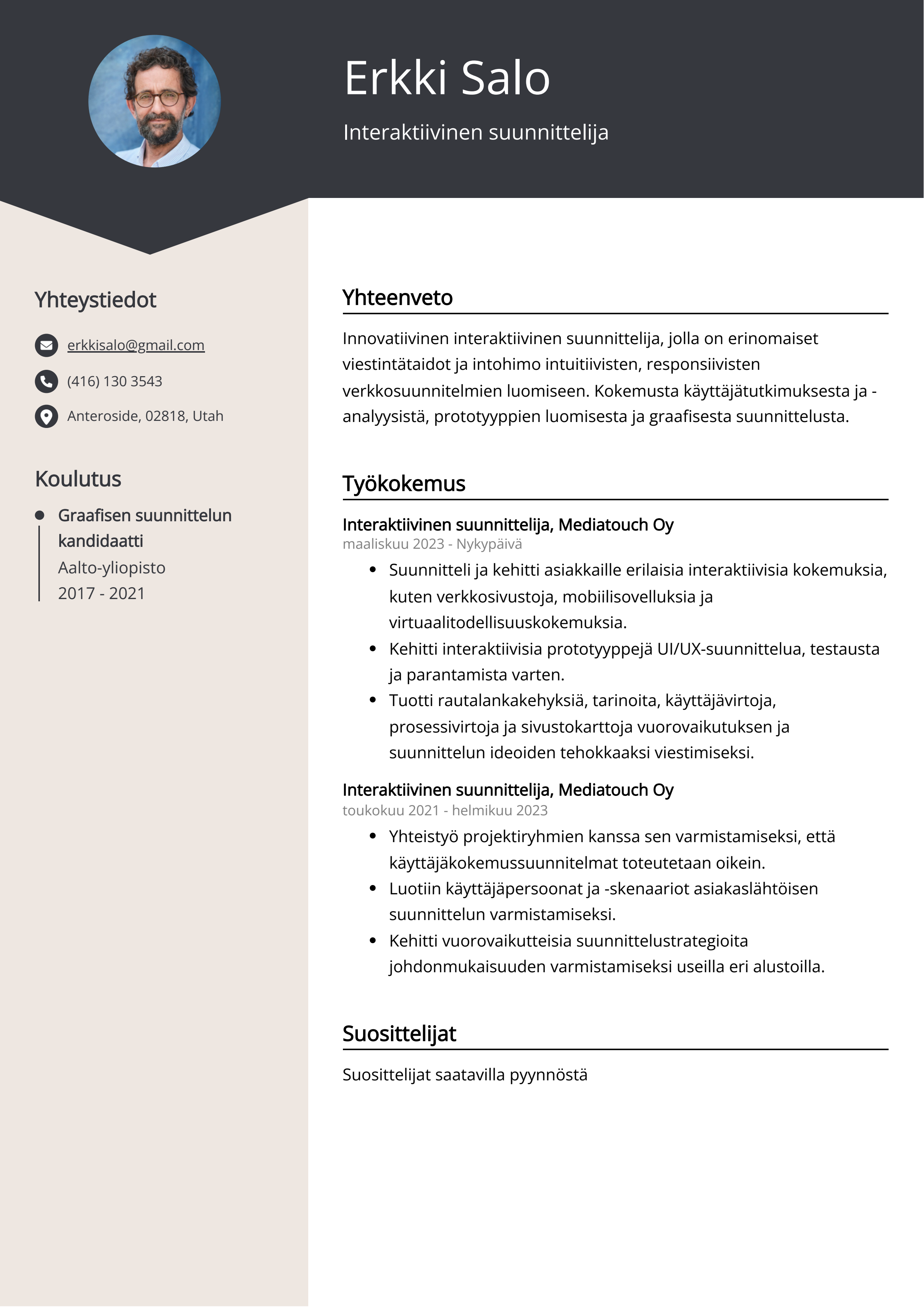 Interaktiivinen suunnittelija Resume Example