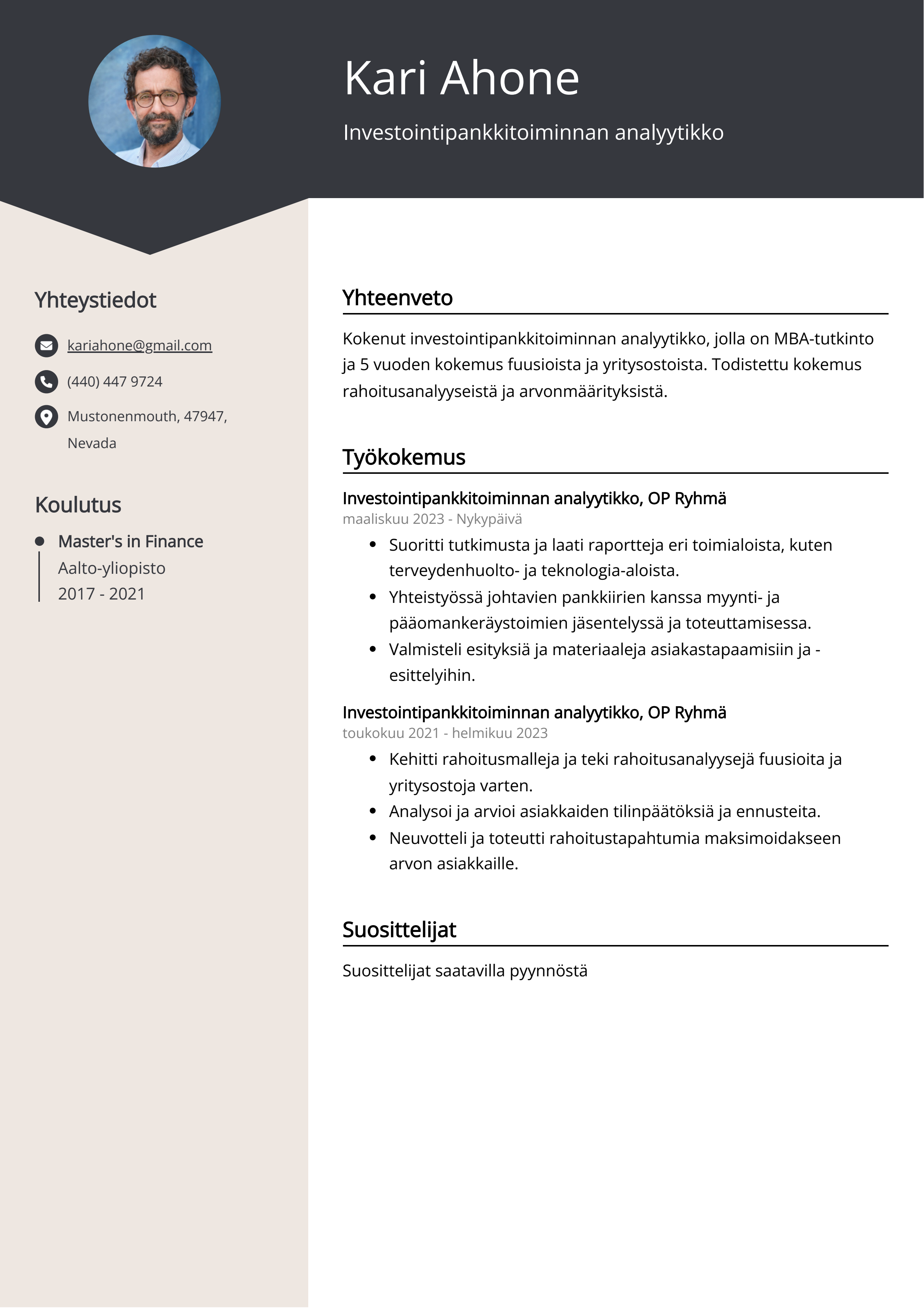 Investointipankkitoiminnan analyytikko Resume Example