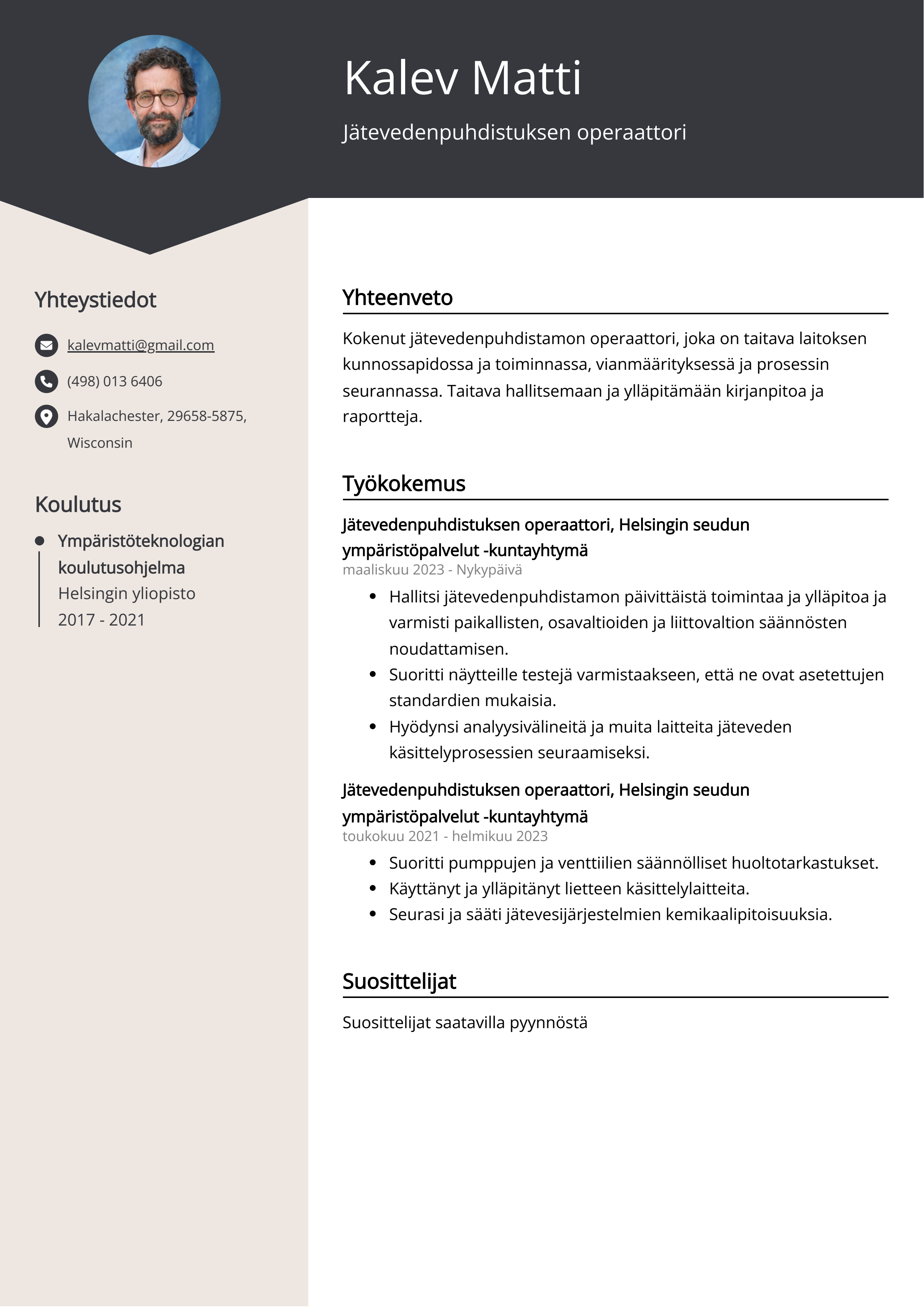 Jätevedenpuhdistuksen operaattori Resume Example