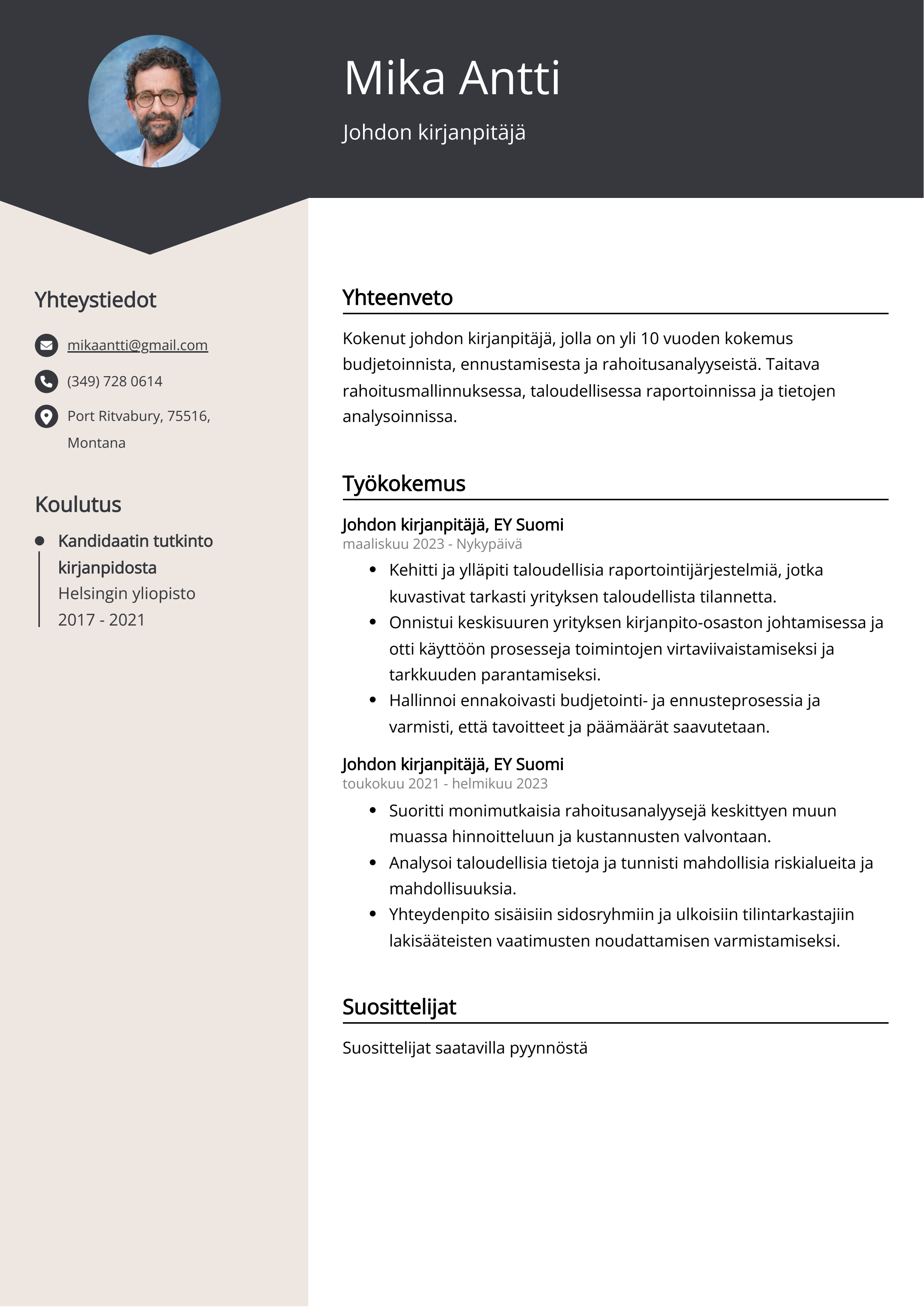 Johdon kirjanpitäjä Resume Example