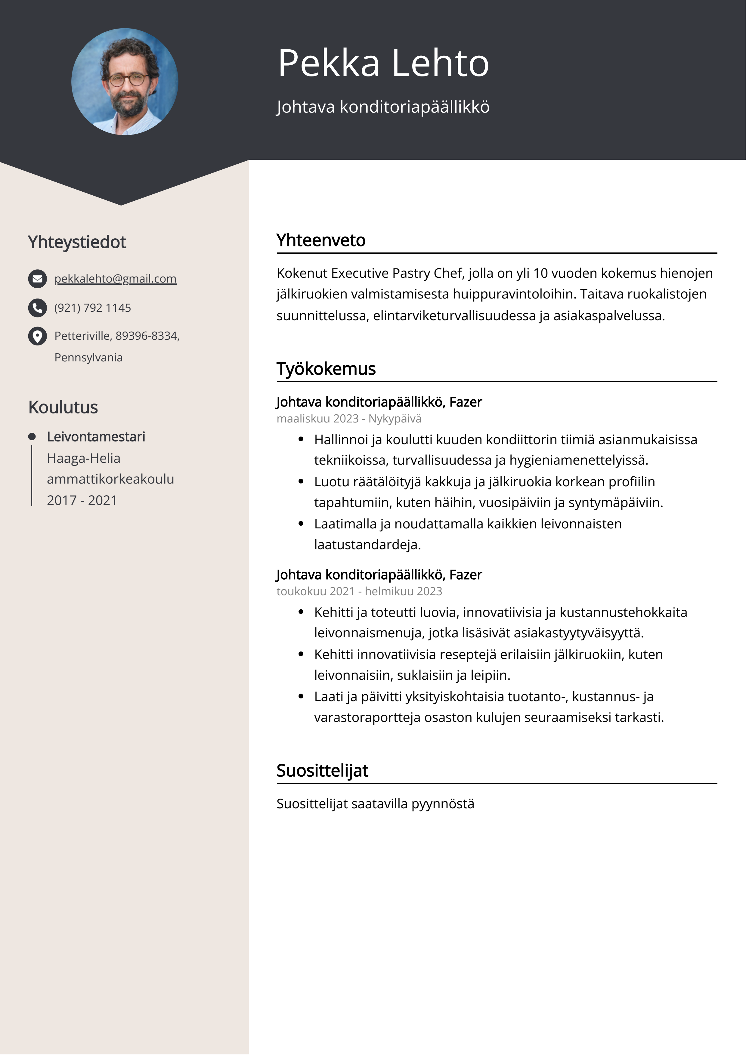 Johtava konditoriapäällikkö Resume Example