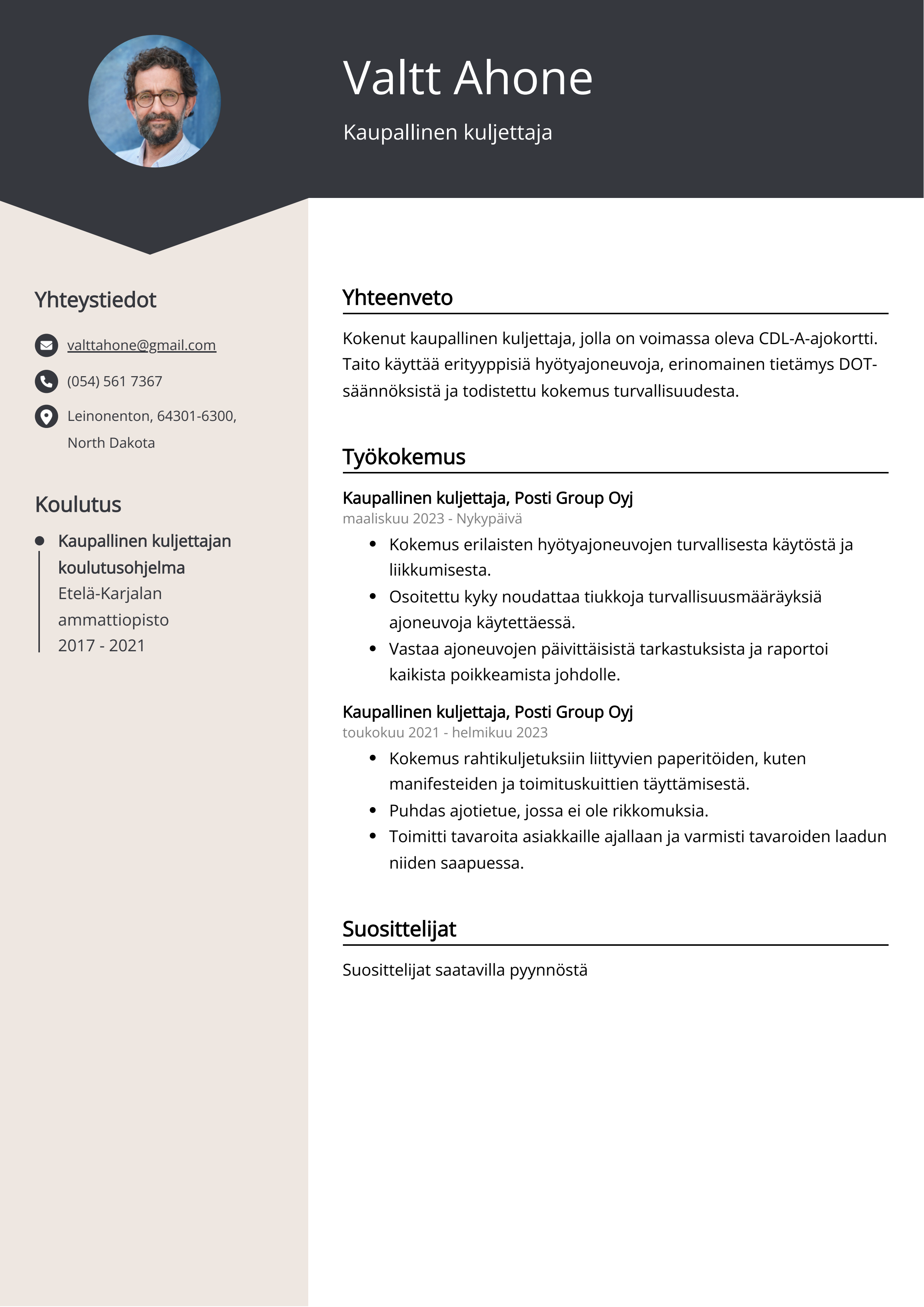 Kaupallinen kuljettaja Resume Example