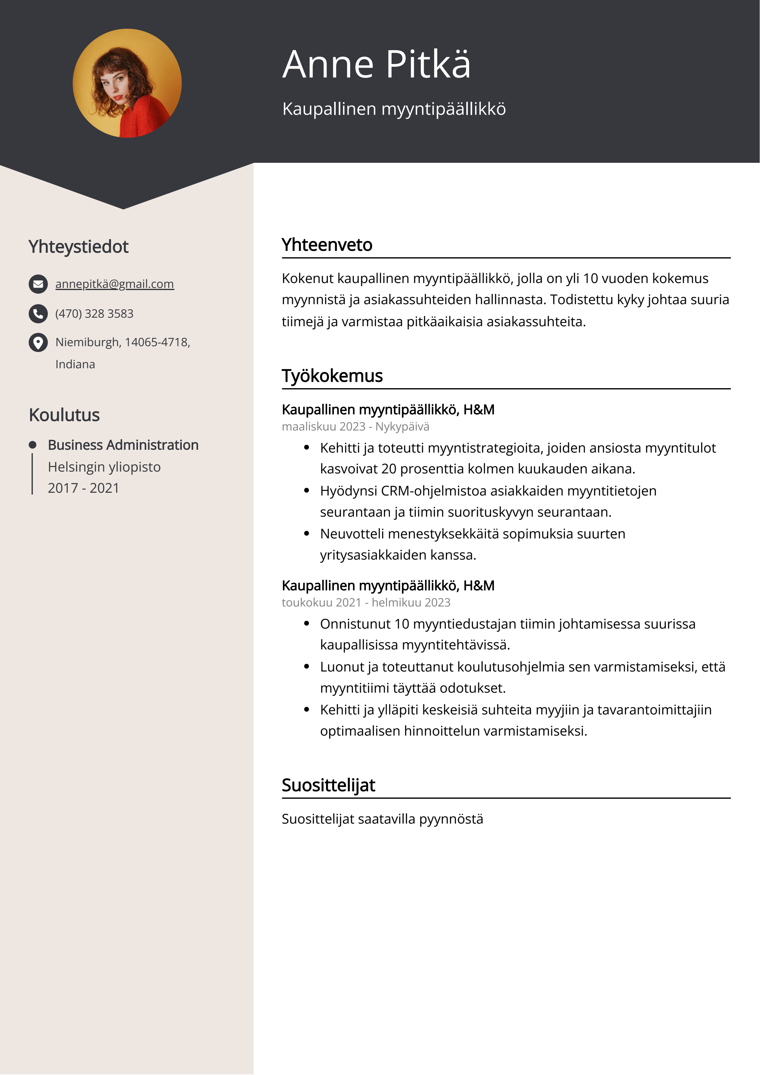 Kaupallinen myyntipäällikkö Resume Example