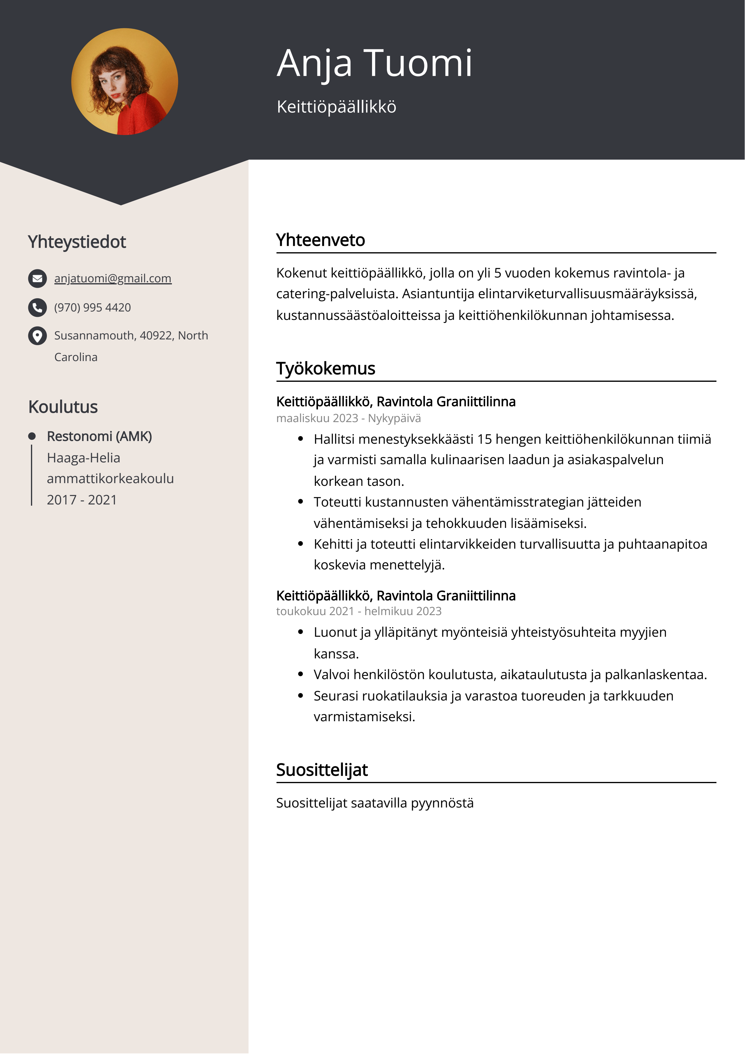 Keittiöpäällikkö Resume Example