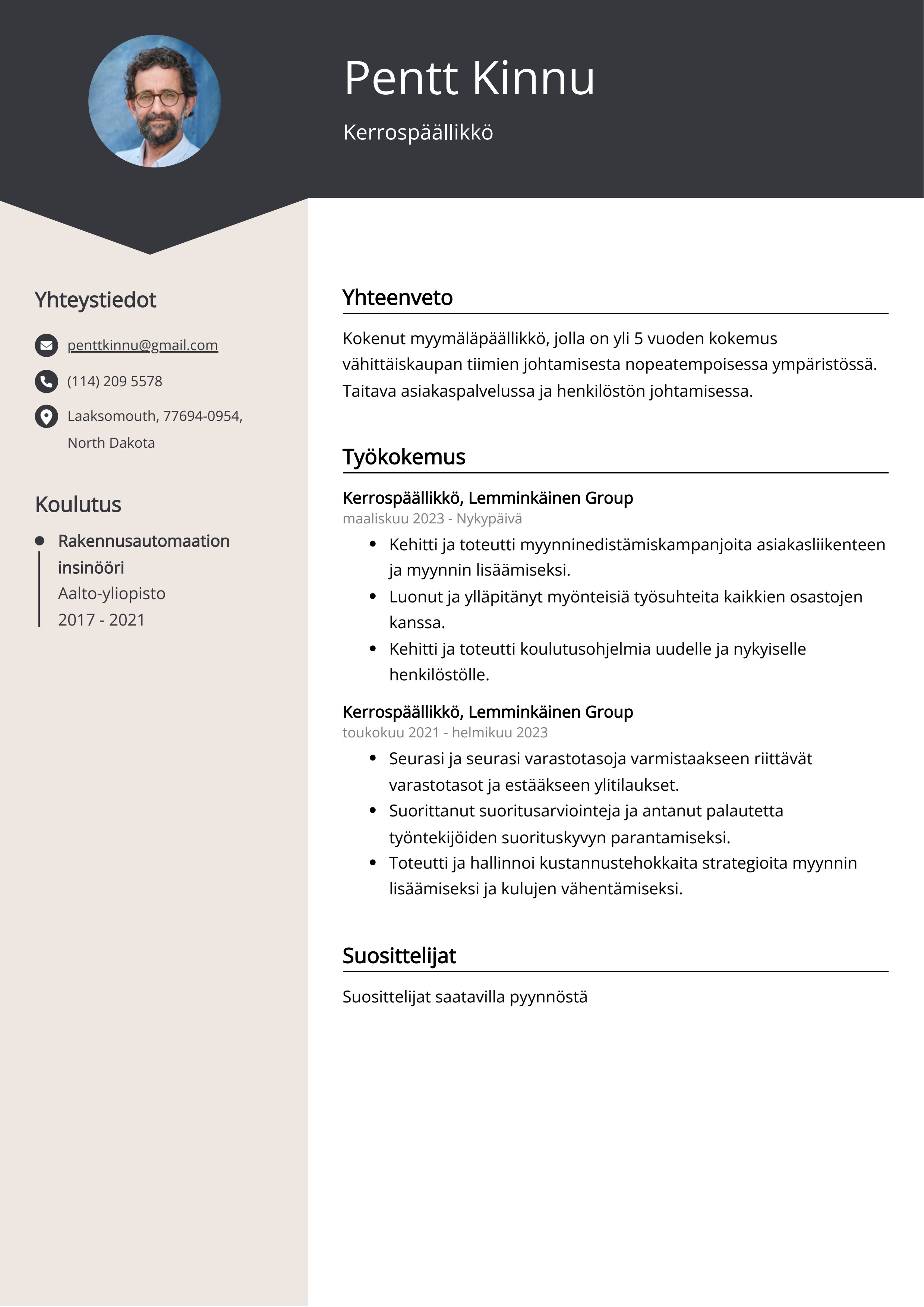 Kerrospäällikkö Resume Example