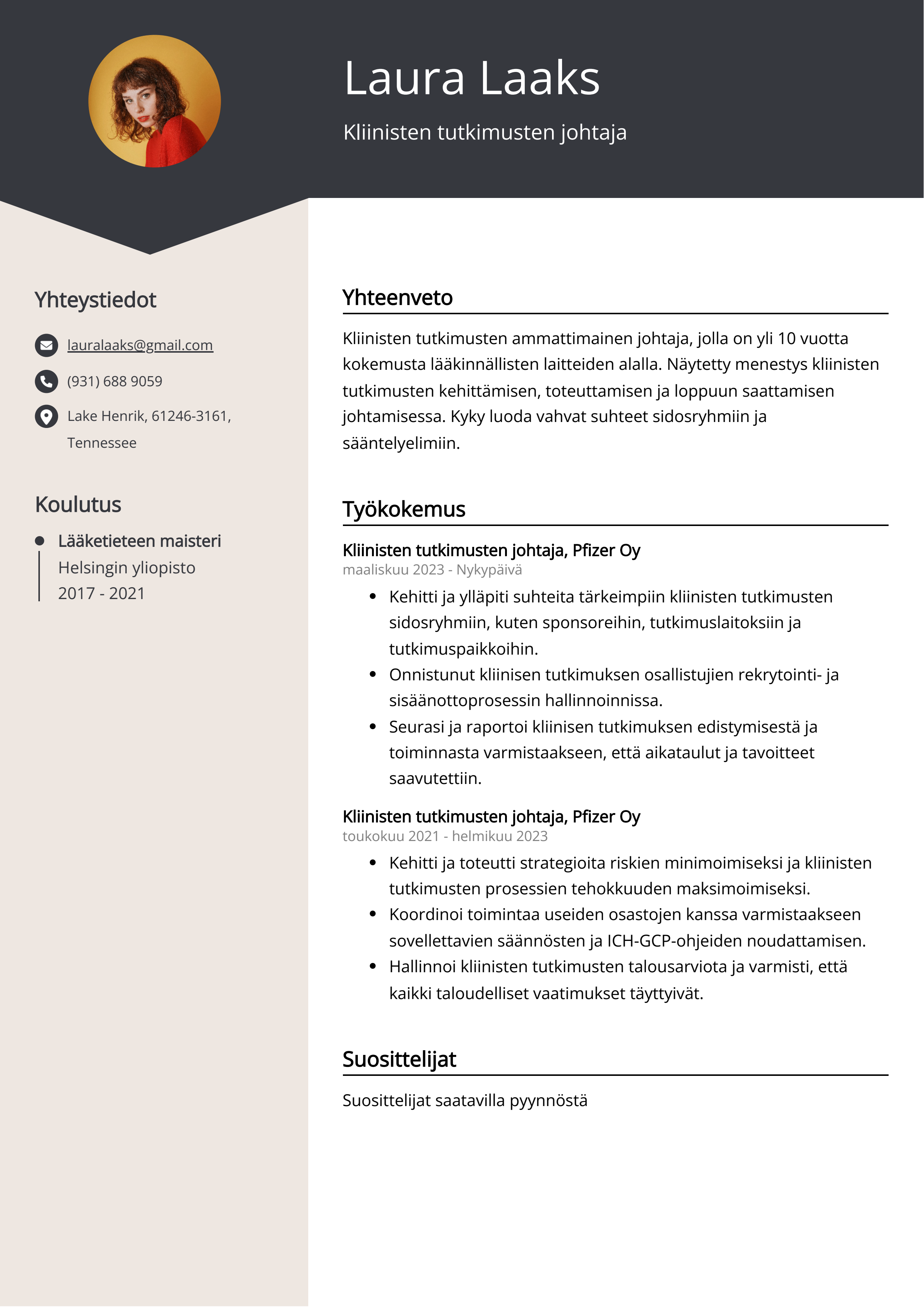 Kliinisten tutkimusten johtaja Resume Example