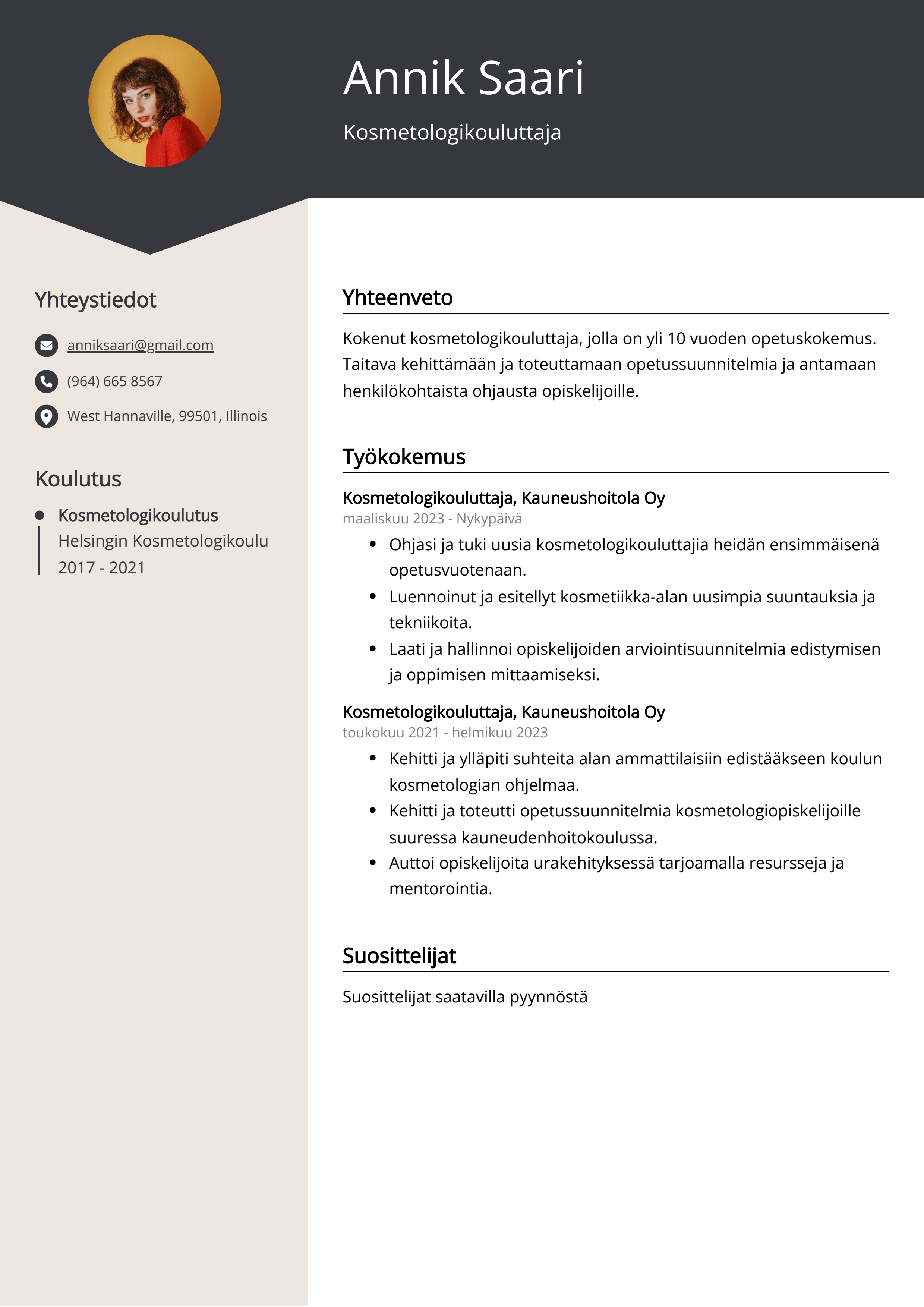 Kosmetologikouluttaja Resume Example