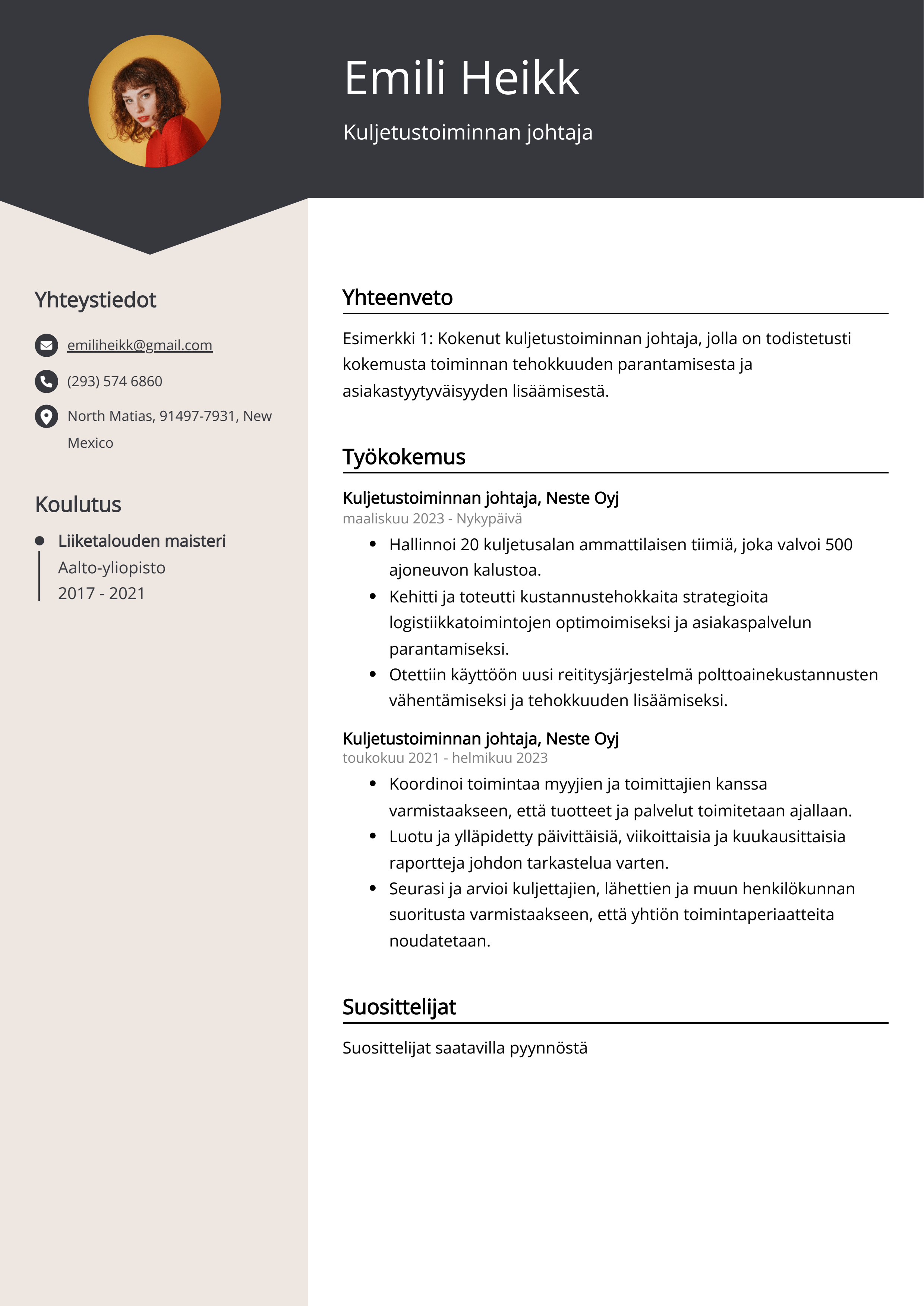 Kuljetustoiminnan johtaja Resume Example