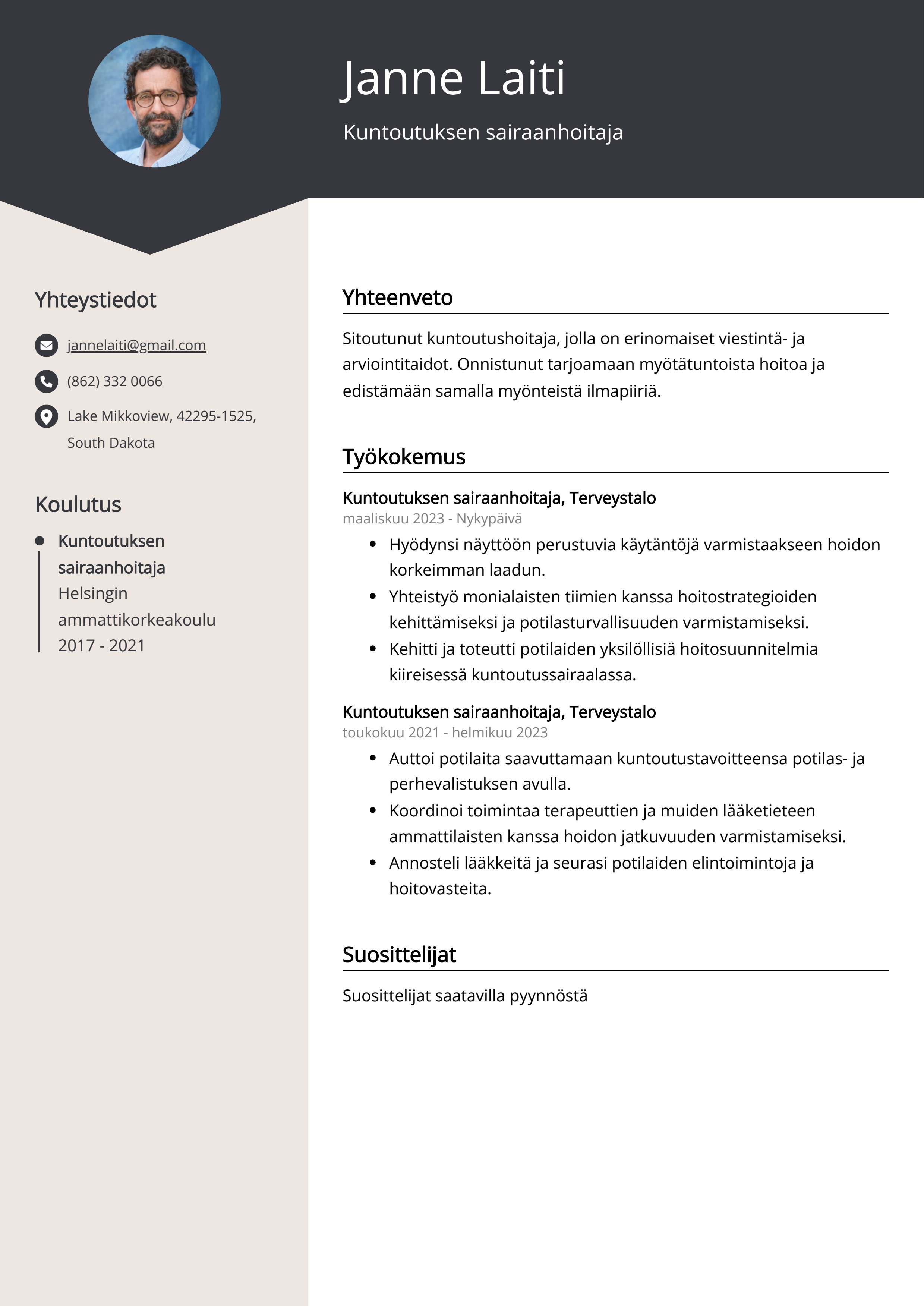 Kuntoutuksen sairaanhoitaja Resume Example