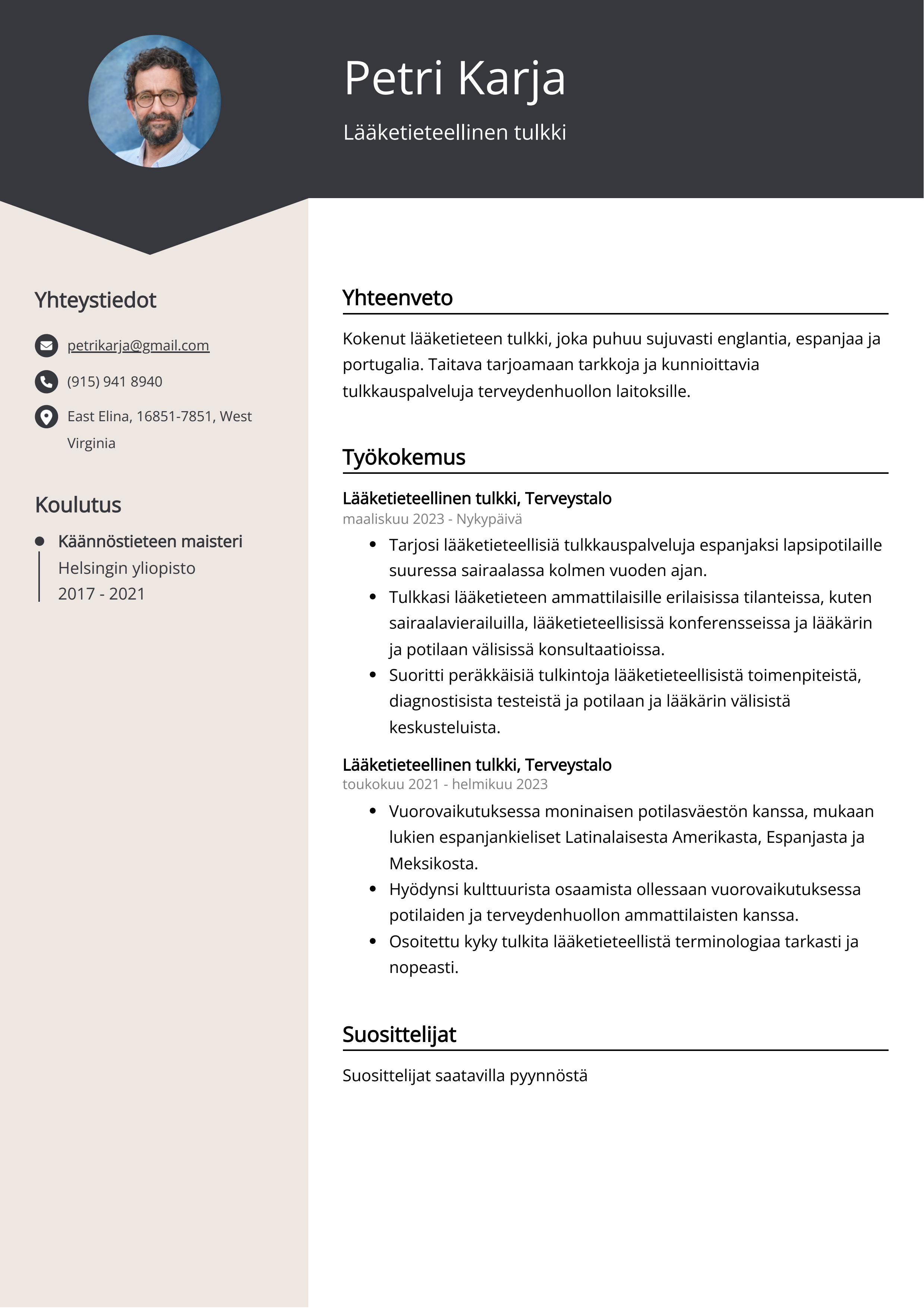 Lääketieteellinen tulkki Resume Example