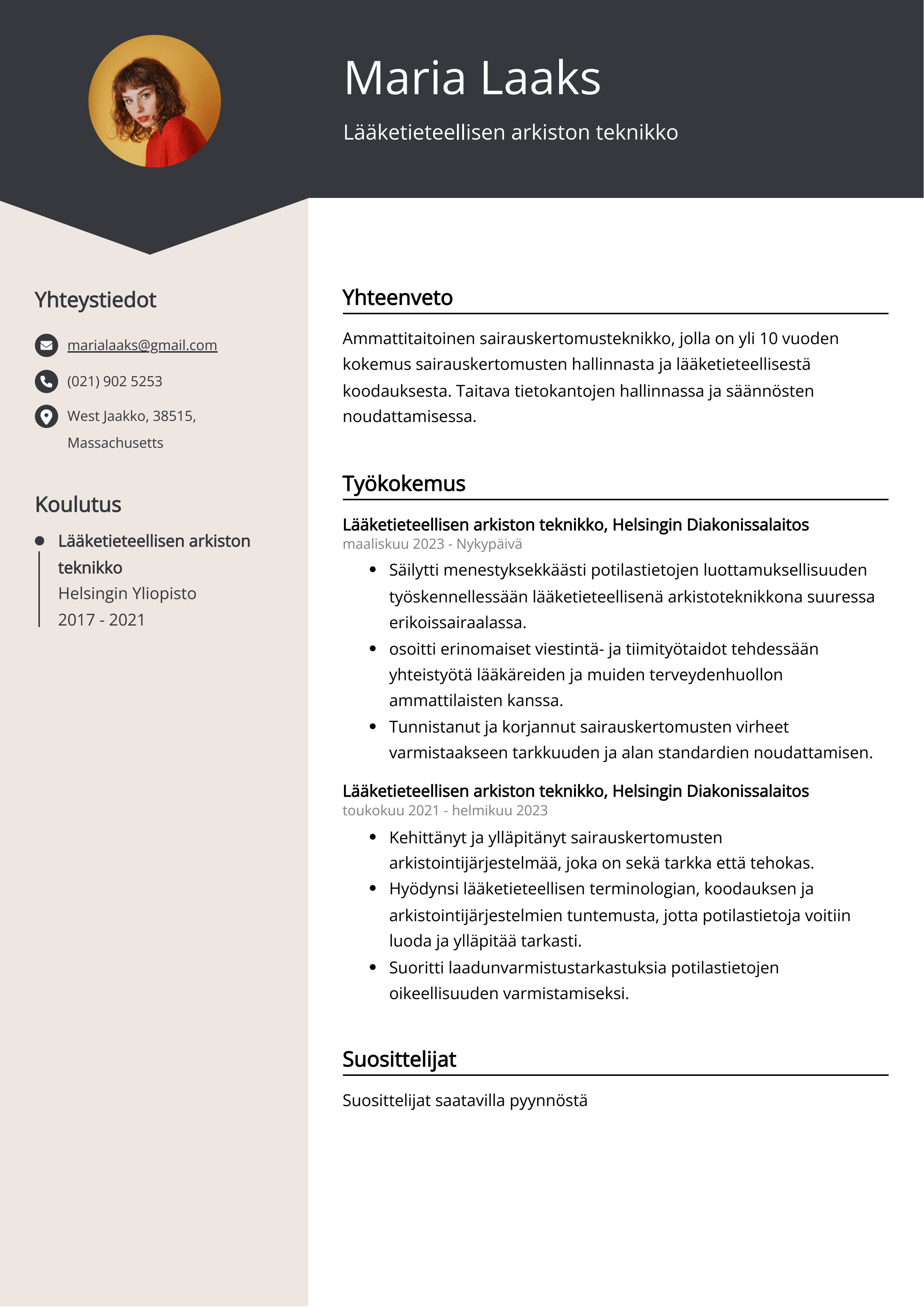 Lääketieteellisen arkiston teknikko Resume Example