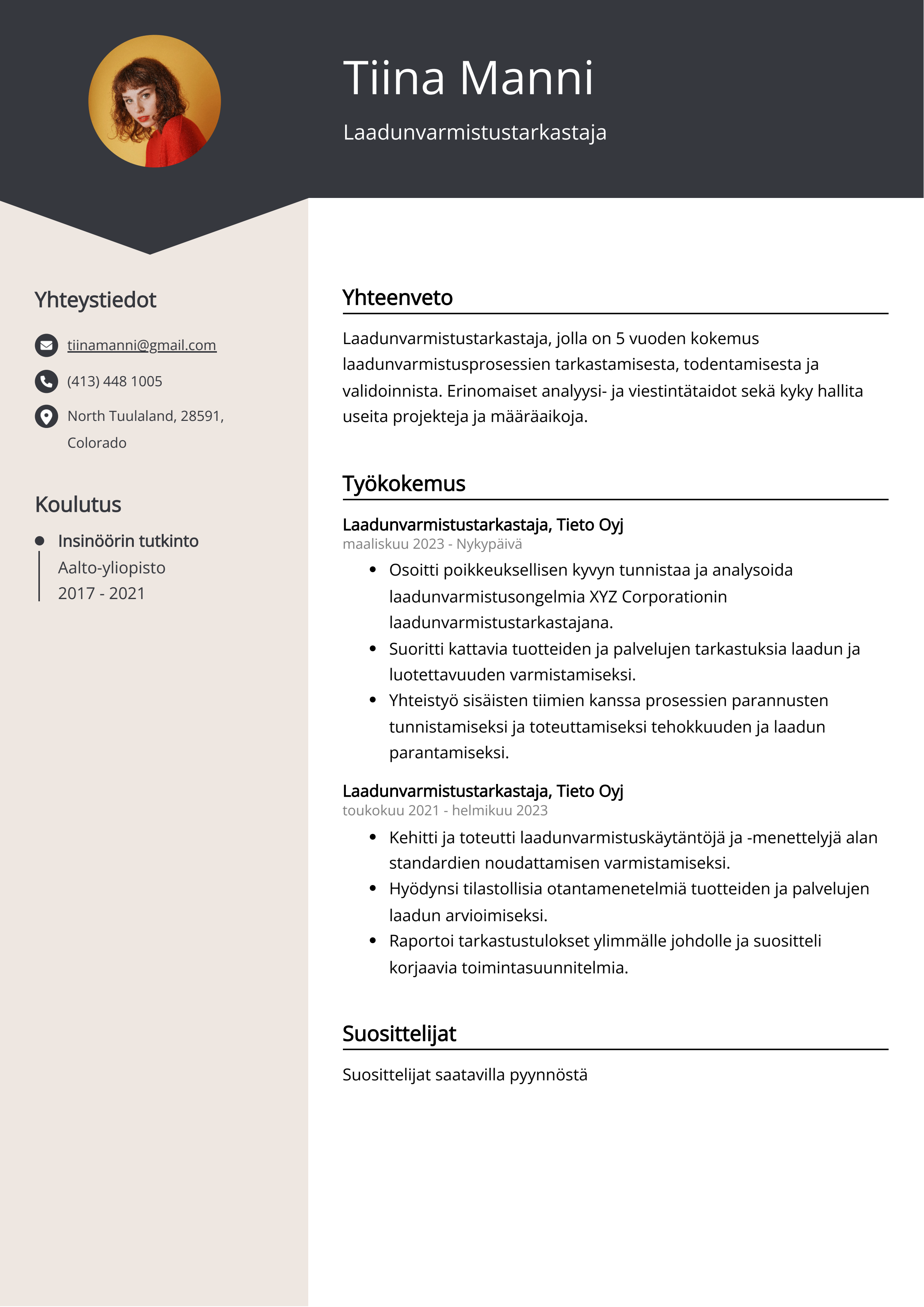 Laadunvarmistustarkastaja Resume Example