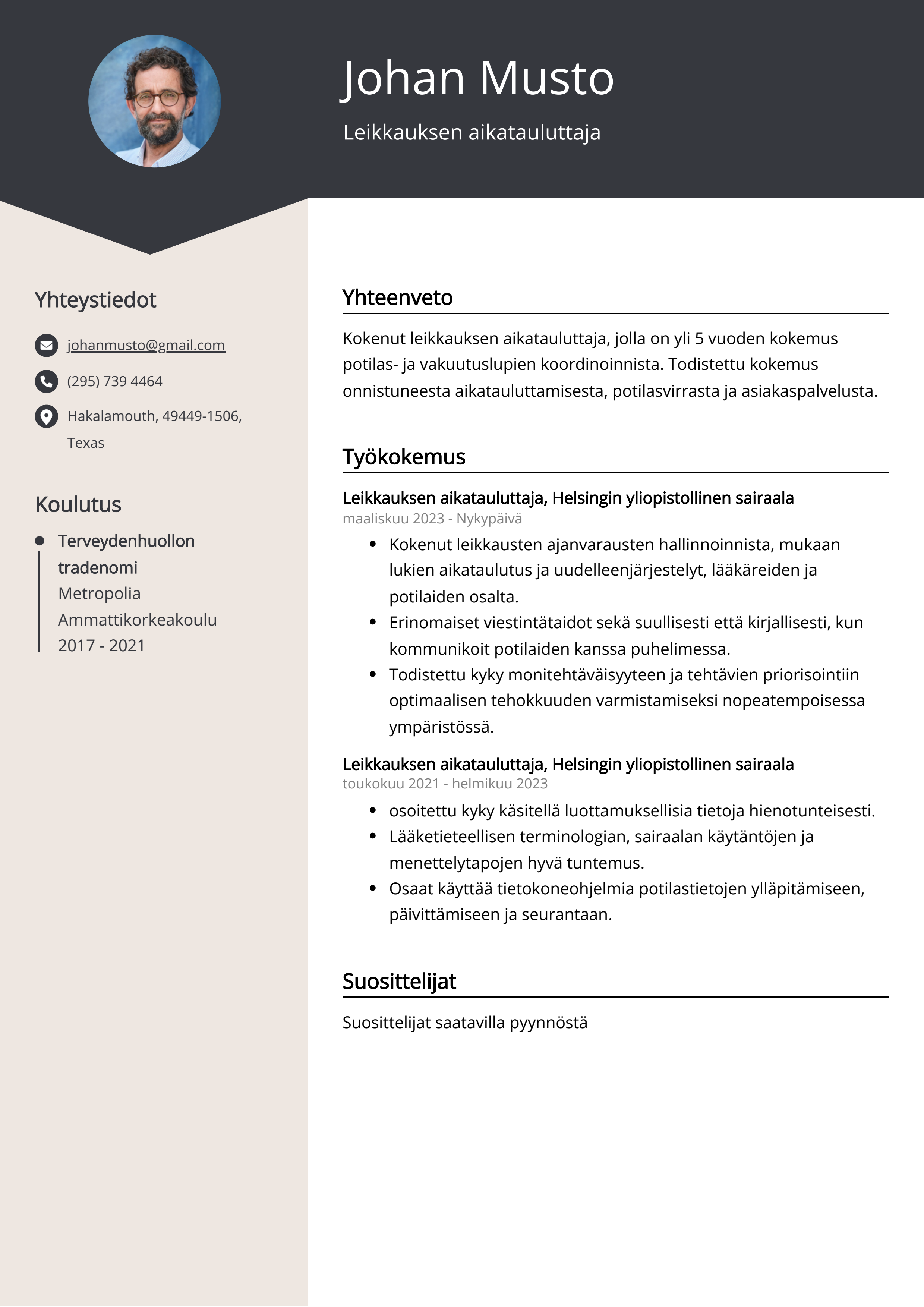 Leikkauksen aikatauluttaja Resume Example