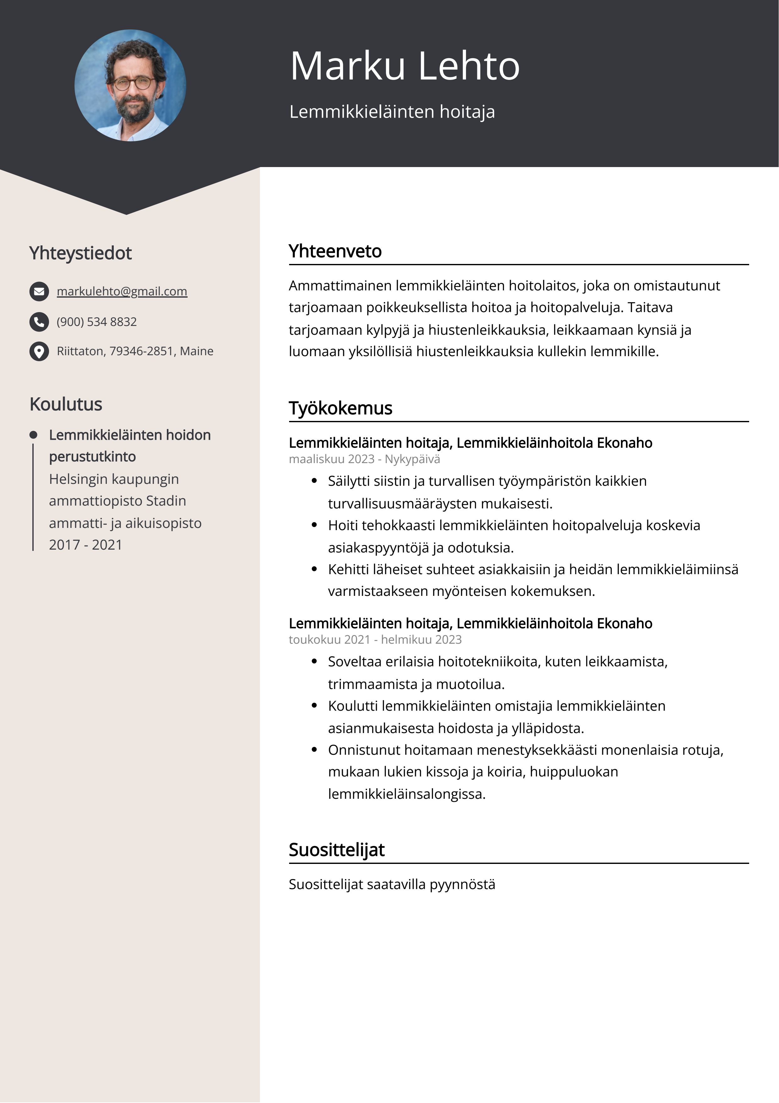 Lemmikkieläinten hoitaja Resume Example