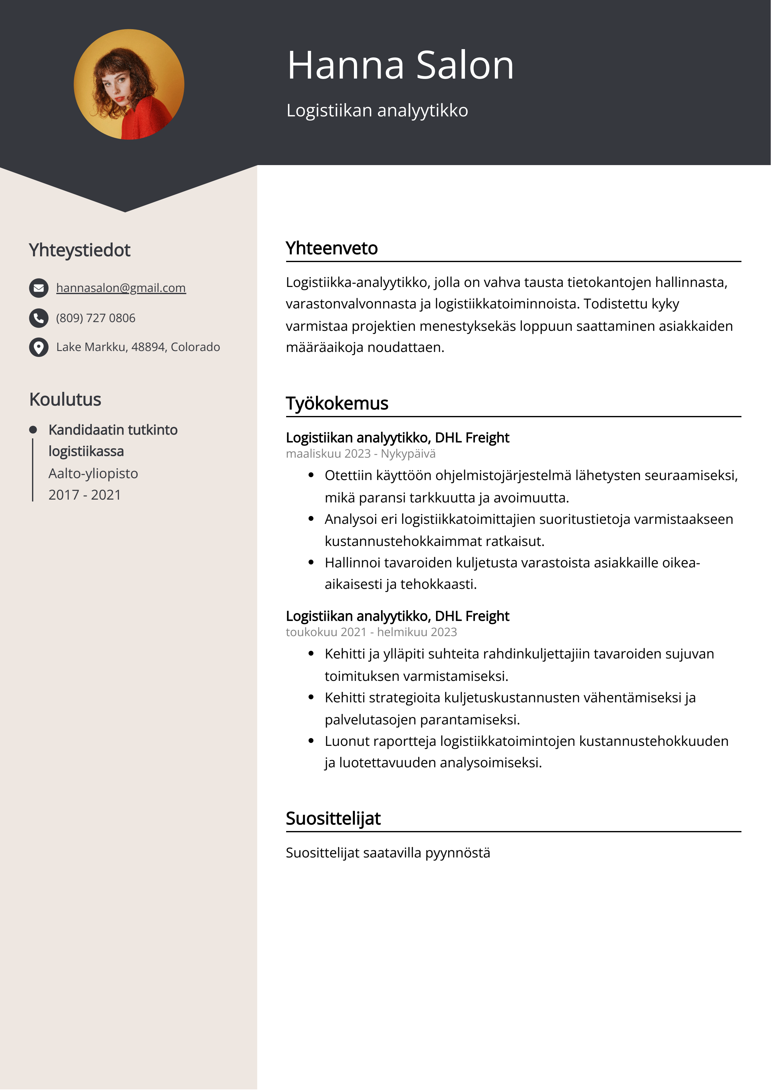 Logistiikan analyytikko ansioluettelo esimerkki