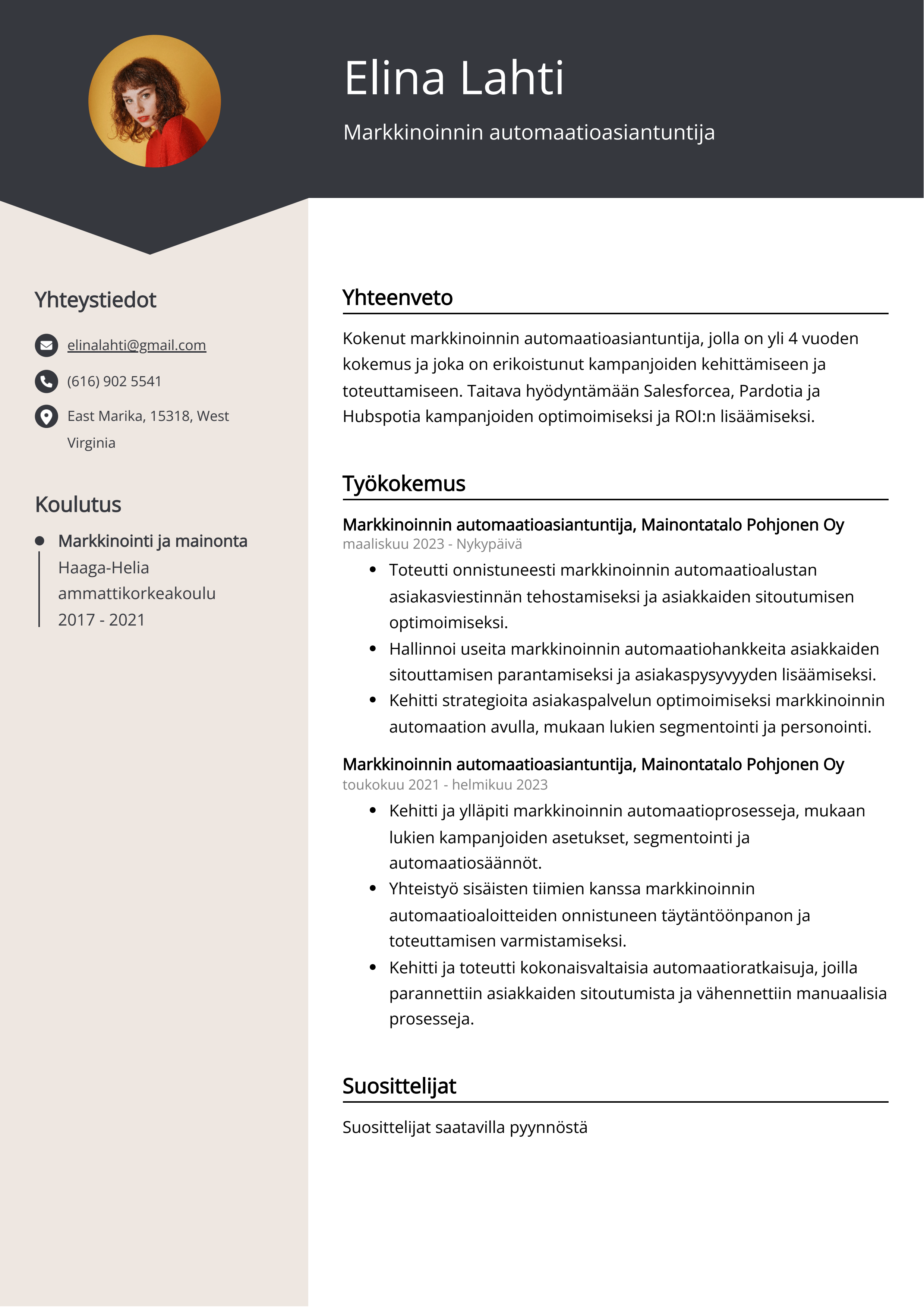 Markkinoinnin automaatioasiantuntija Resume Example