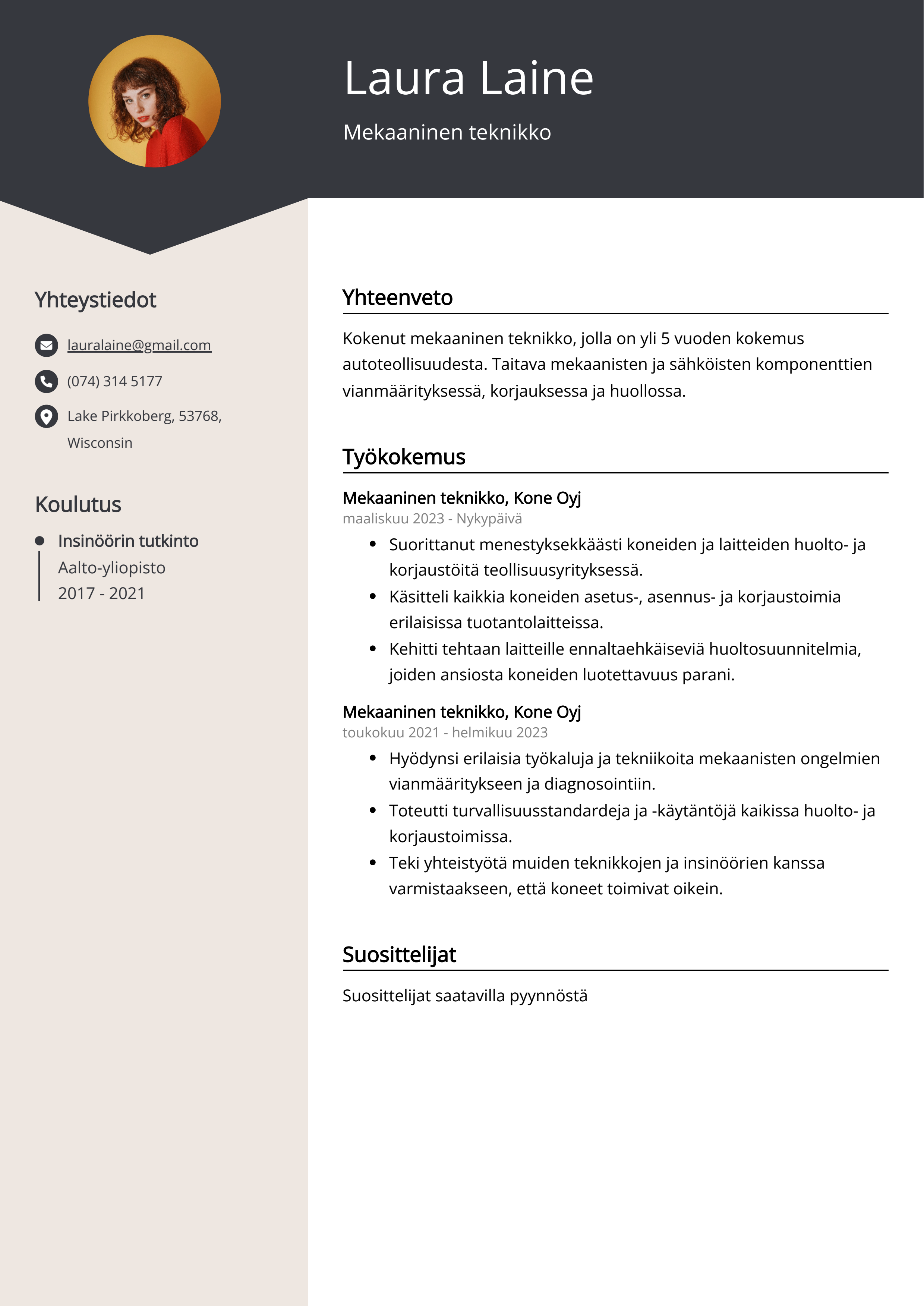 Mekaaninen teknikko Resume Example