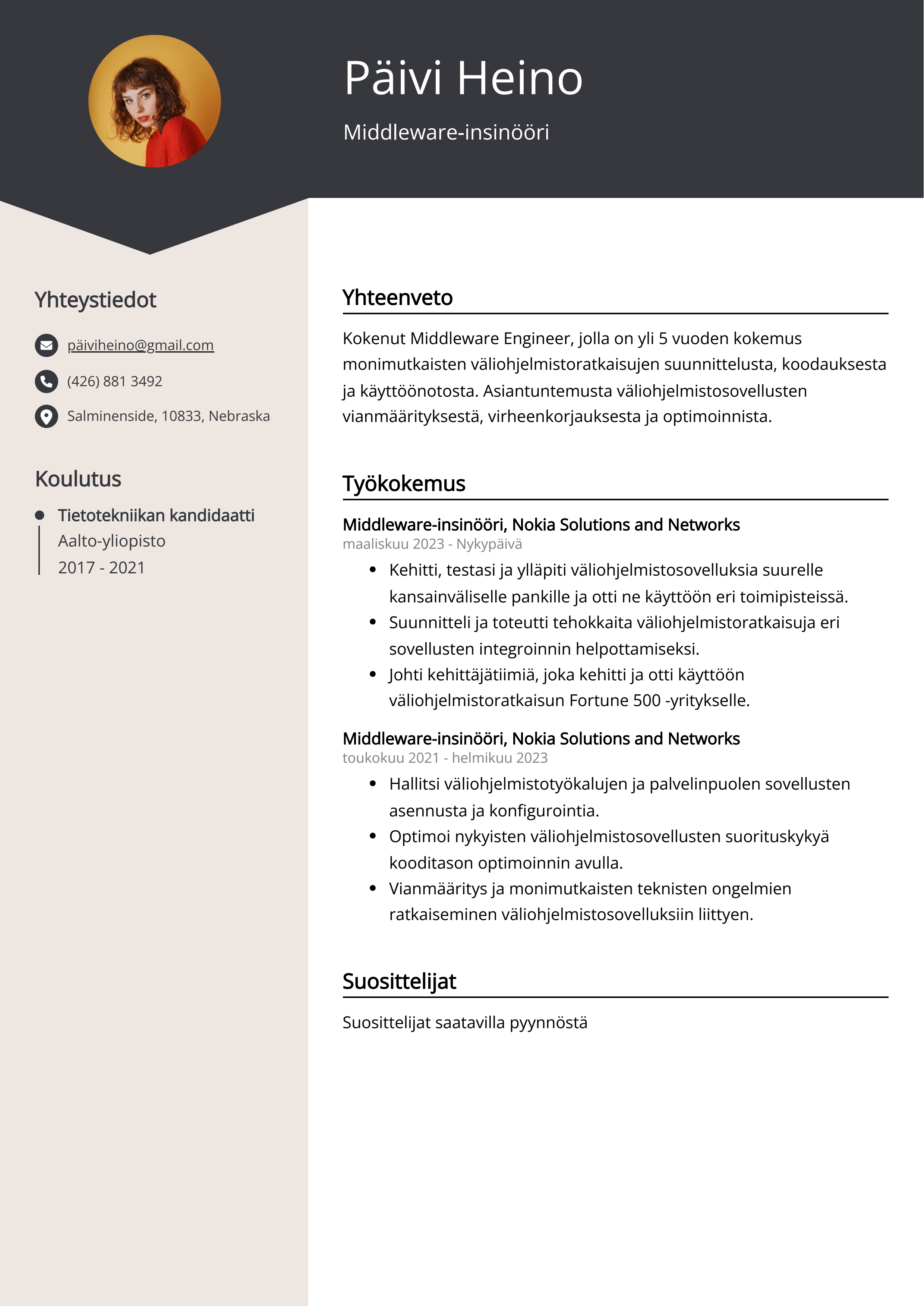 Middleware-insinööri Ansioluettelo Esimerkki