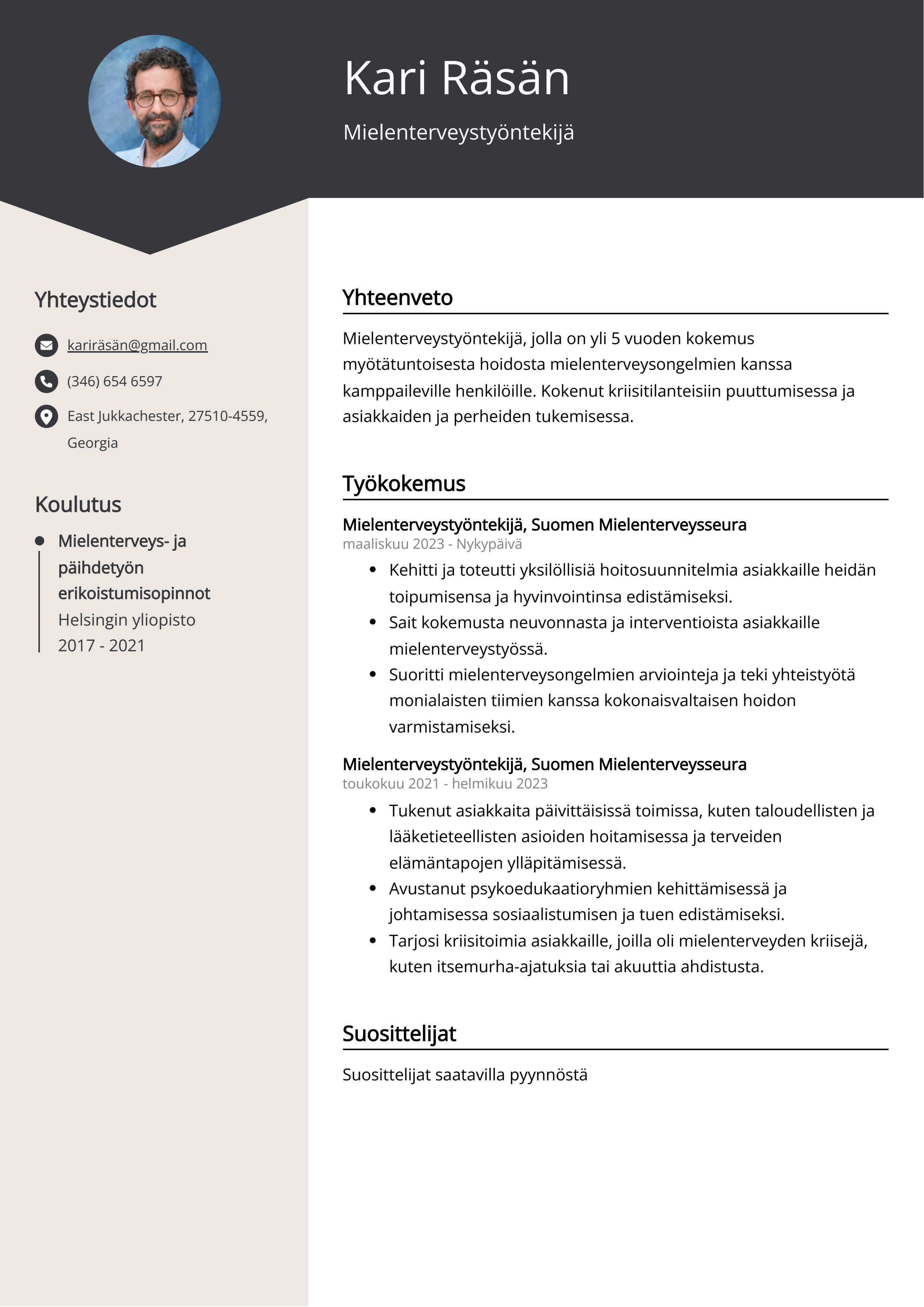 Mielenterveystyöntekijä Resume Example