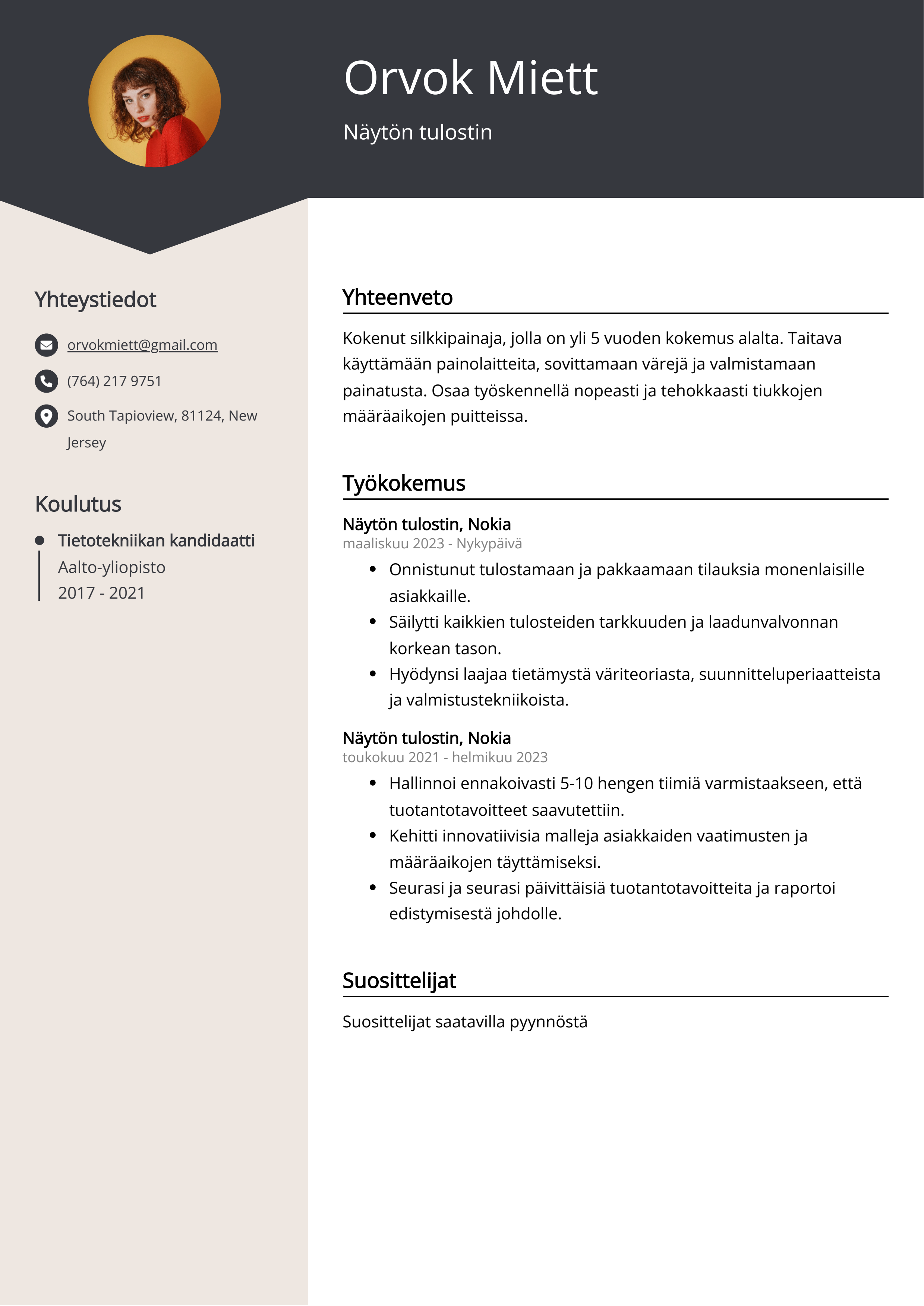 Näytön tulostin Resume Example