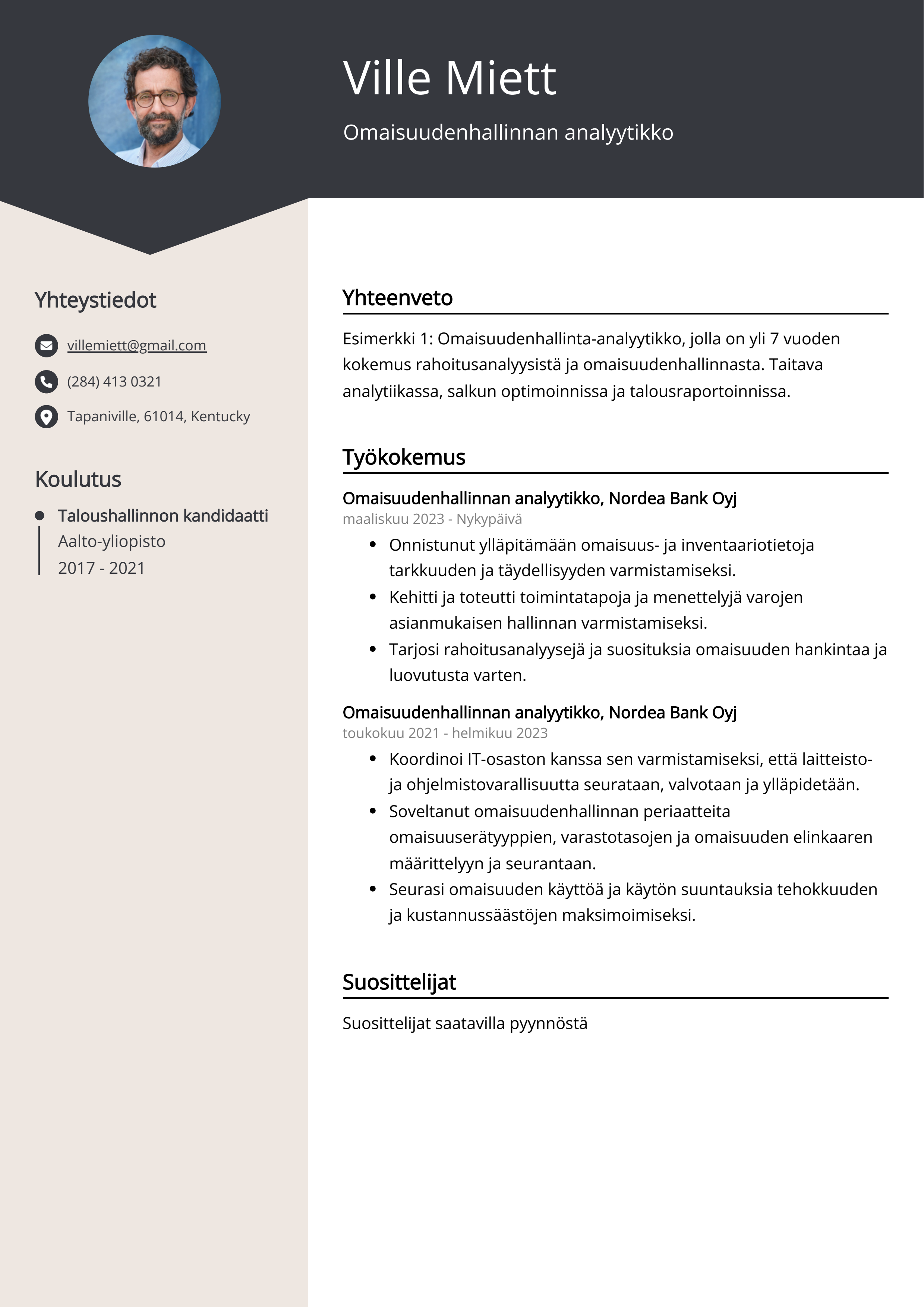 Omaisuudenhallinnan analyytikko Resume Example