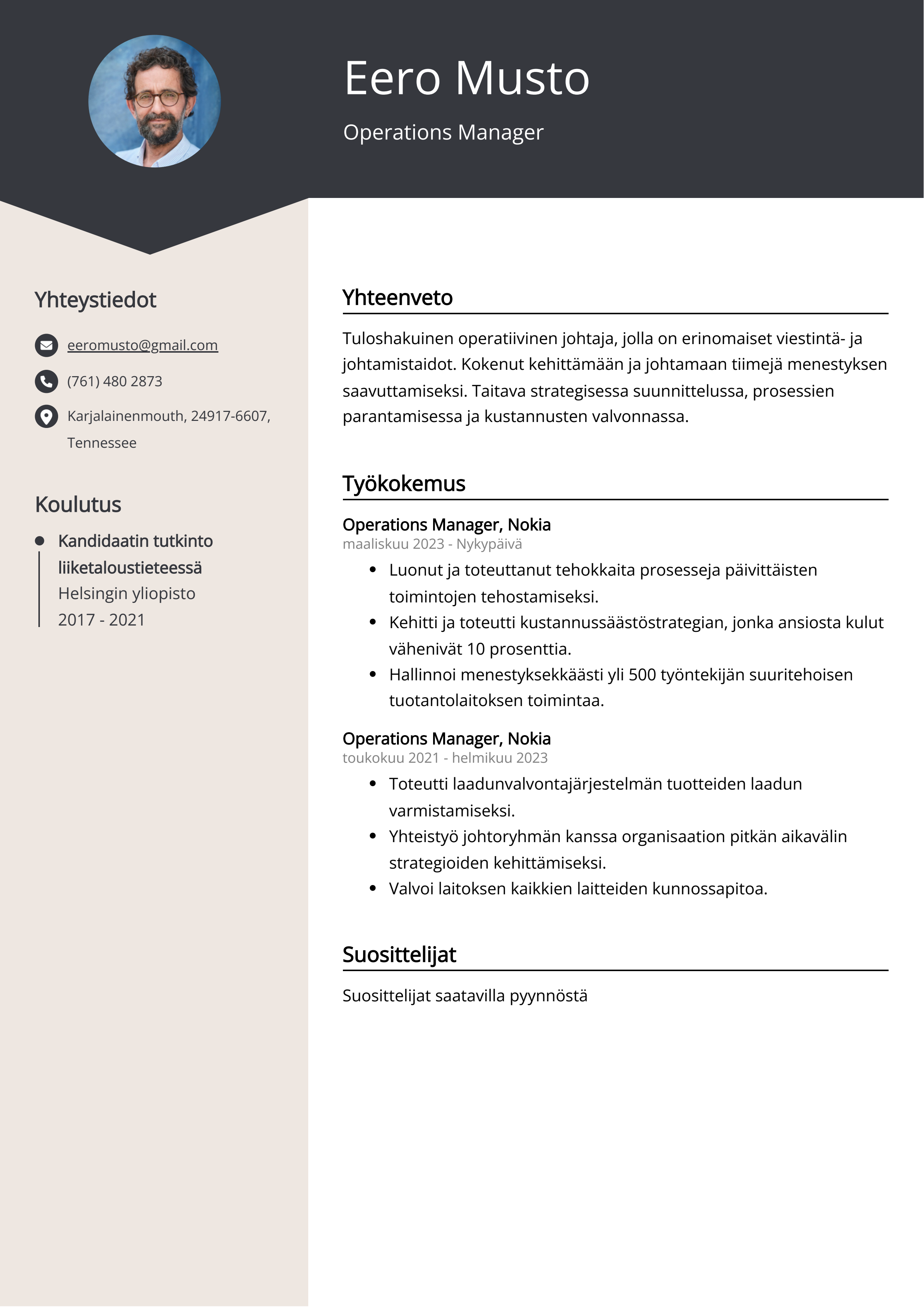 Operations Manager ansioluettelo esimerkki