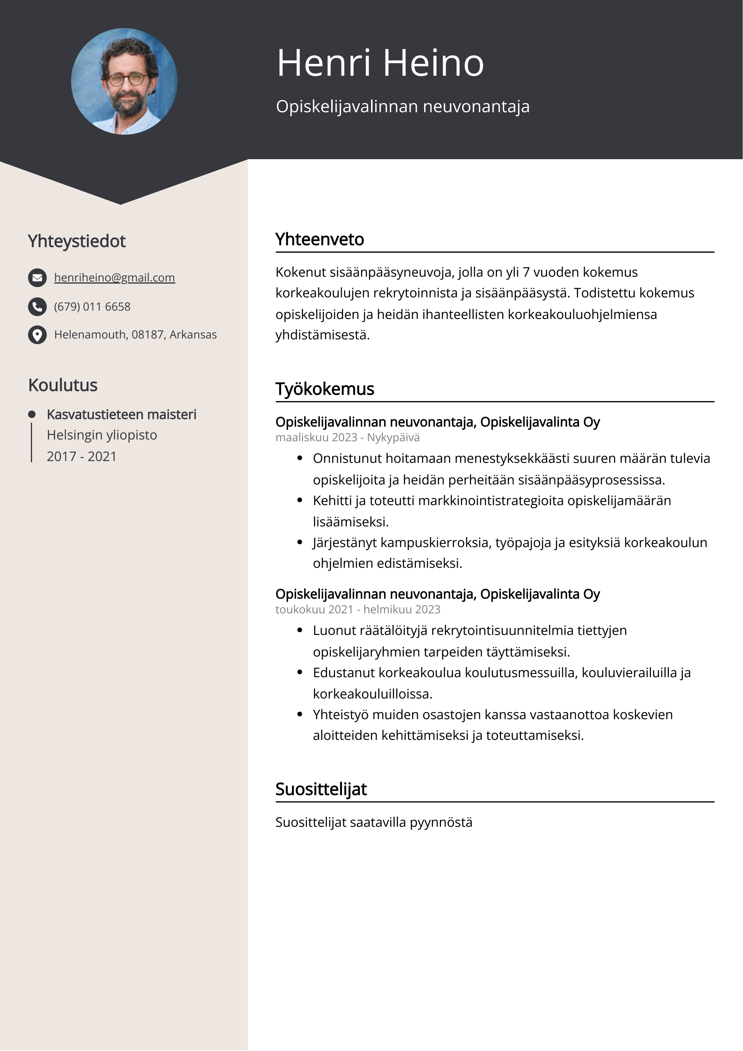 Opiskelijavalinnan neuvonantaja Resume Example