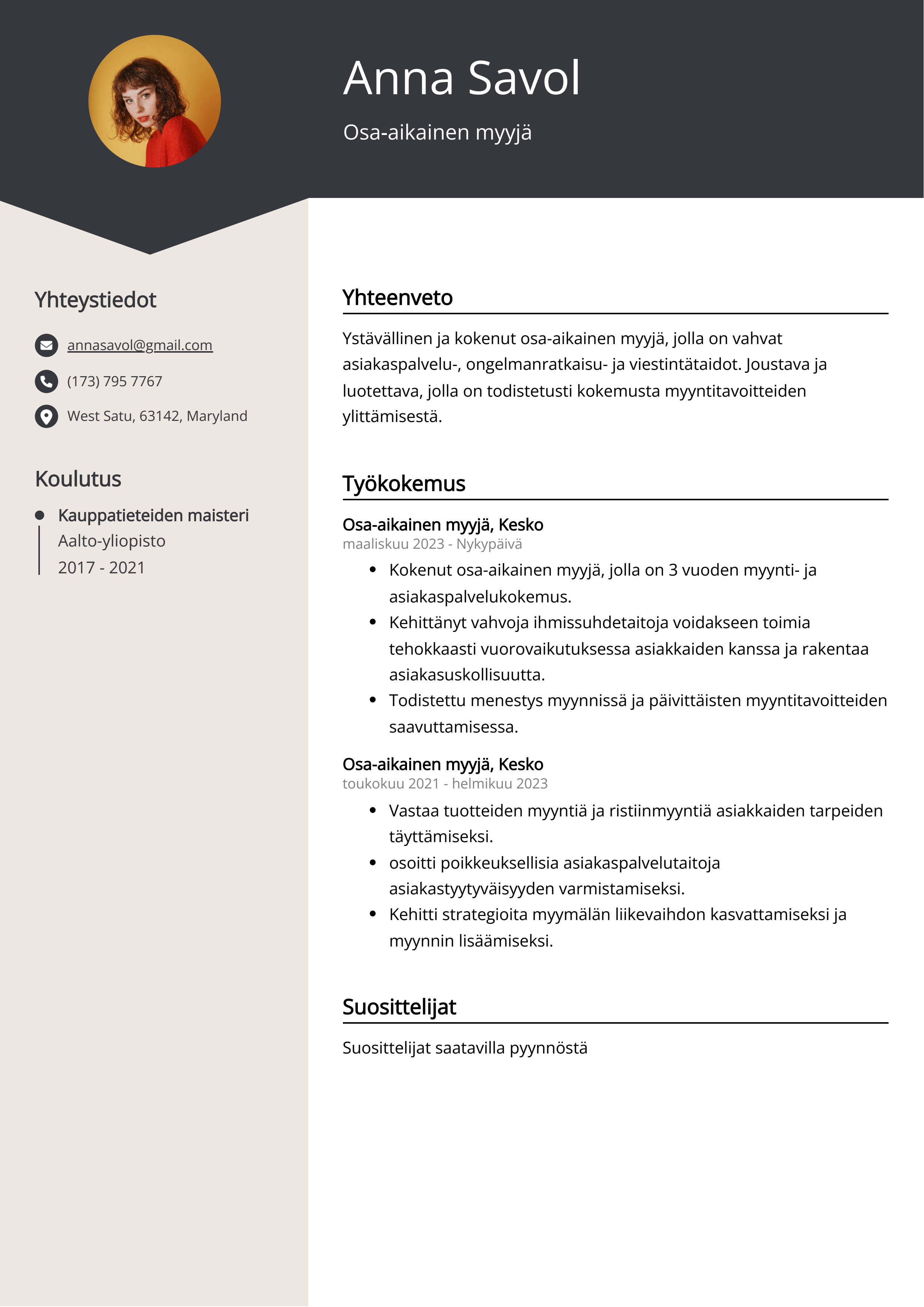 Osa-aikainen myyjä Resume Example