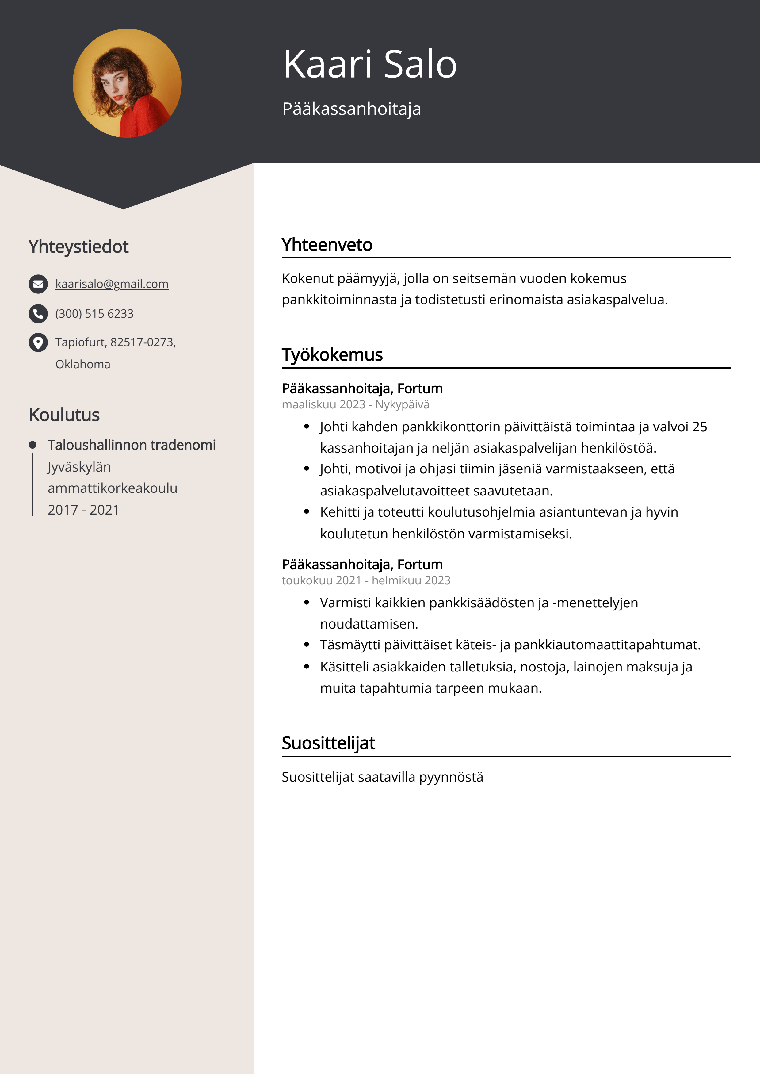 Pääkassanhoitaja Resume Example