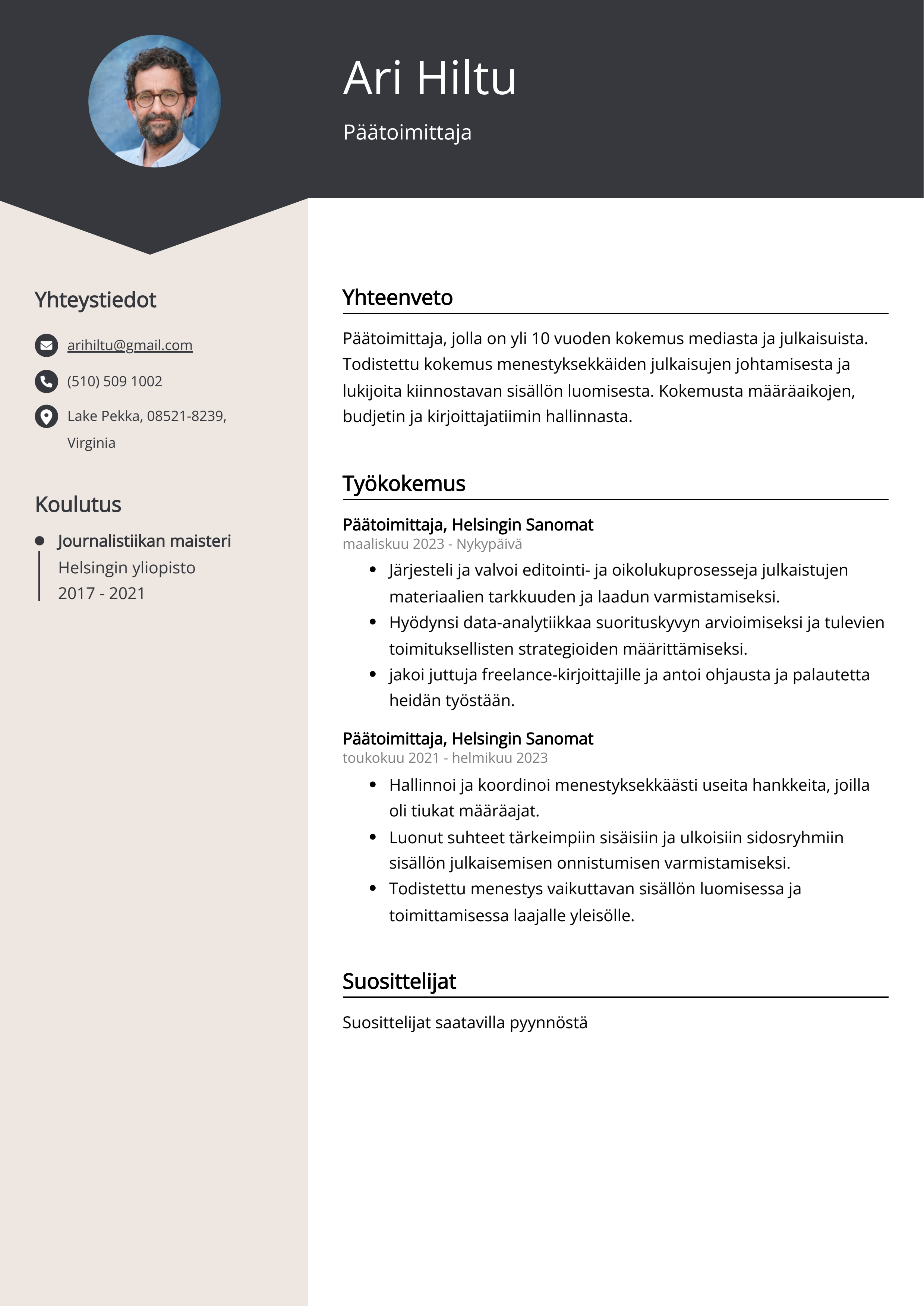 Päätoimittaja Resume Example