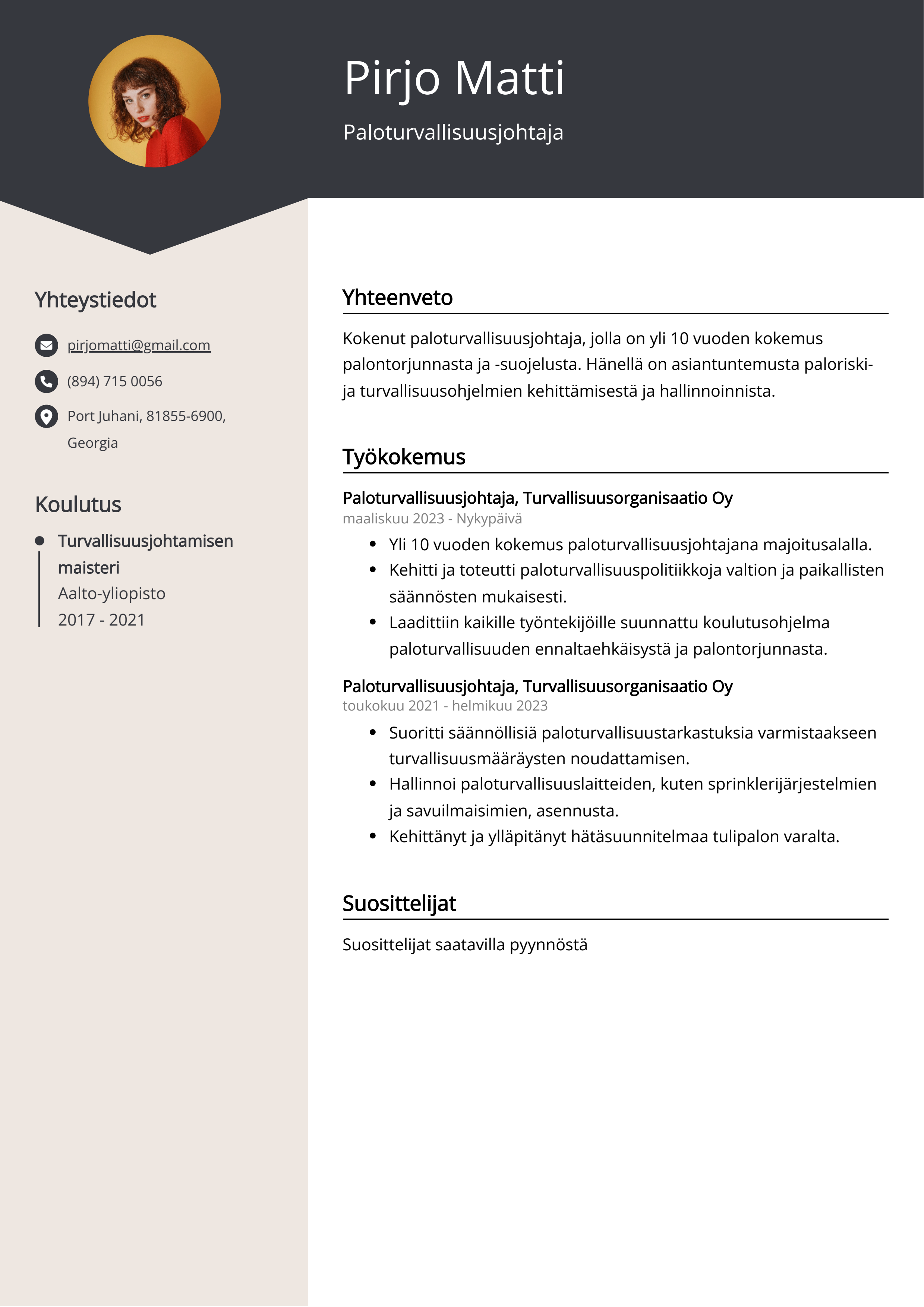 Paloturvallisuusjohtaja Resume Example