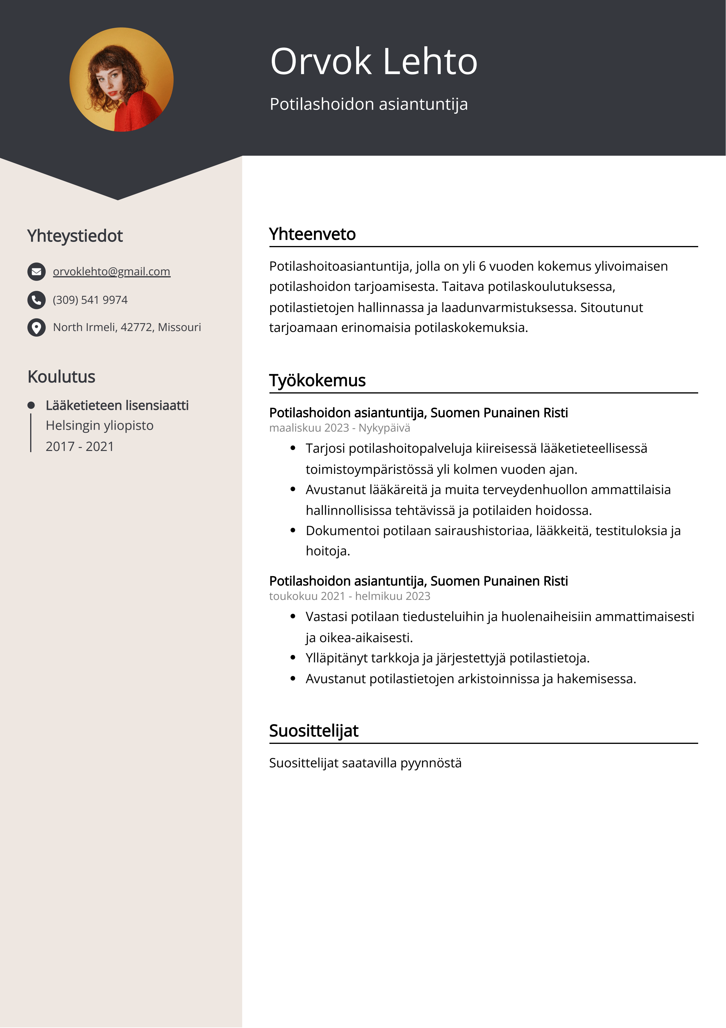 Potilashoidon asiantuntija Resume Example