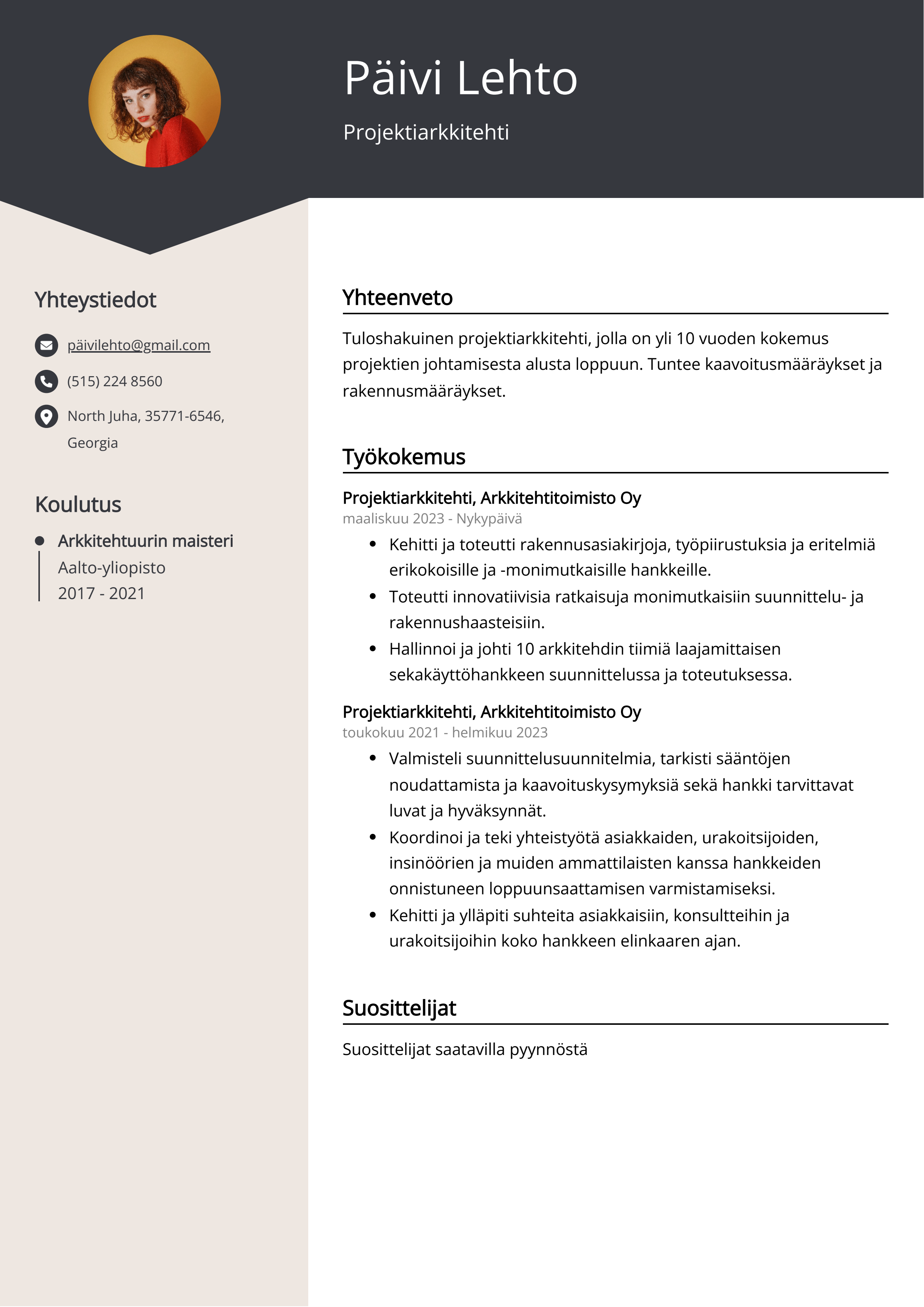 Projektiarkkitehti Resume Example